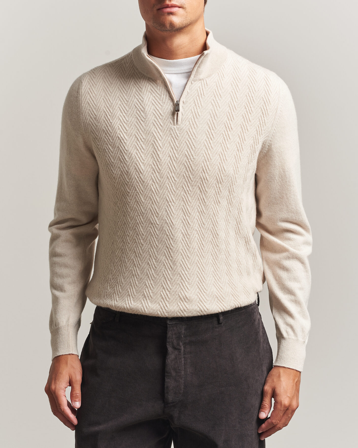 Hombres | Jerséis y prendas de punto | Fedeli | Wool/Cashmere Chevron Half Zip Light Beige