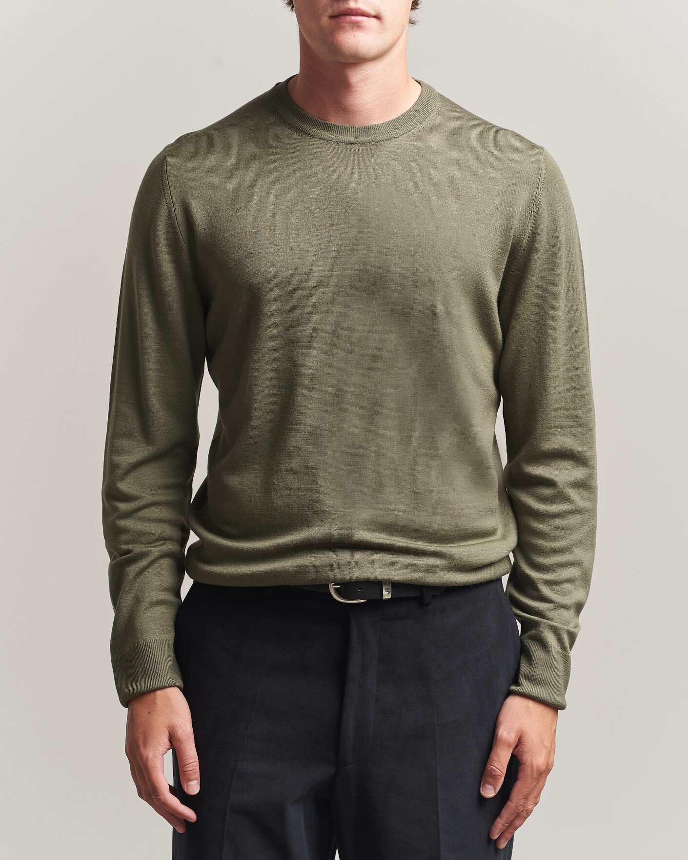 Hombres | Jerséis y prendas de punto | Canali | Merino Wool Crew Neck Olive