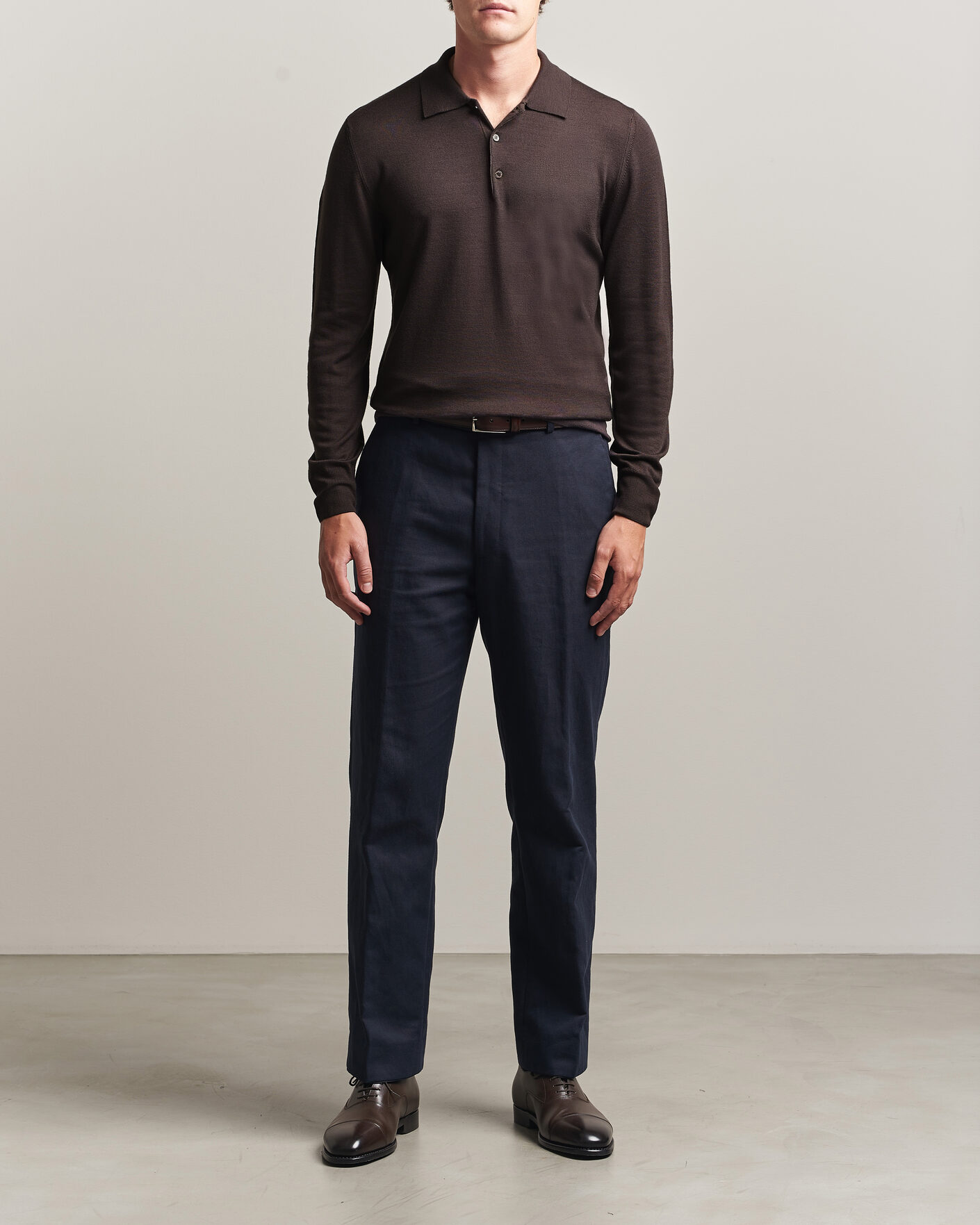 Hombres | Jerséis y prendas de punto | Canali | Merino Wool Long Sleeve Polo Dark Brown