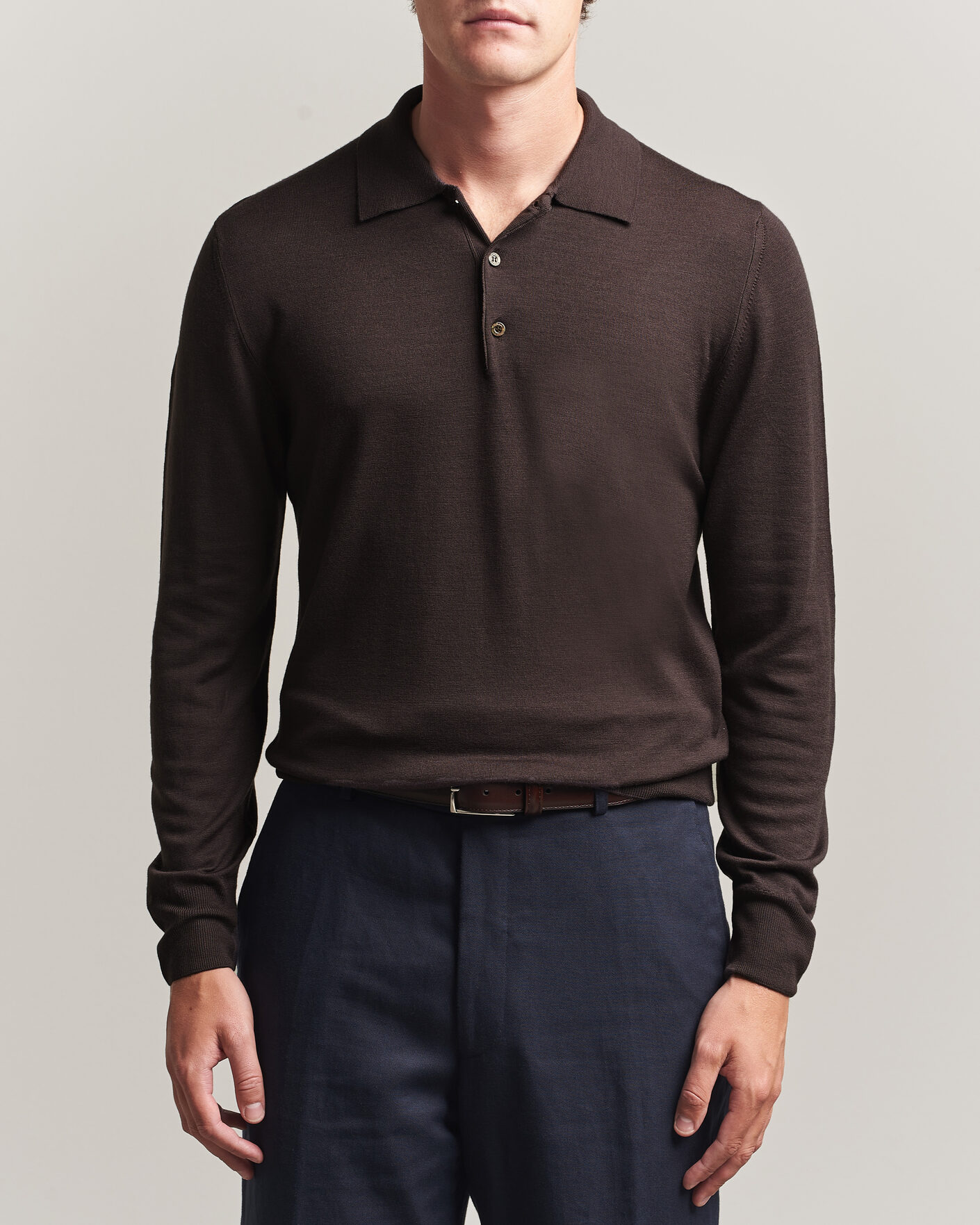 Hombres | Jerséis y prendas de punto | Canali | Merino Wool Long Sleeve Polo Dark Brown