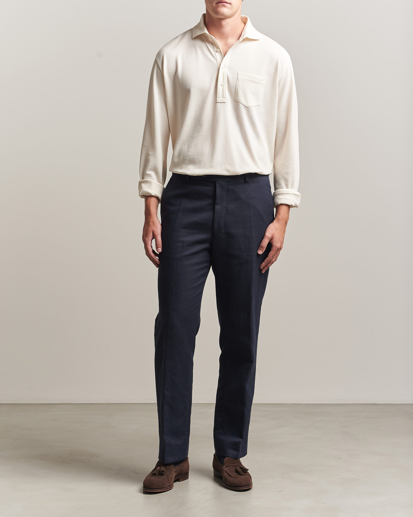 Hombres | Polos | Ralph Lauren Purple Label | Long Sleeve Washed Polo Classic Cream