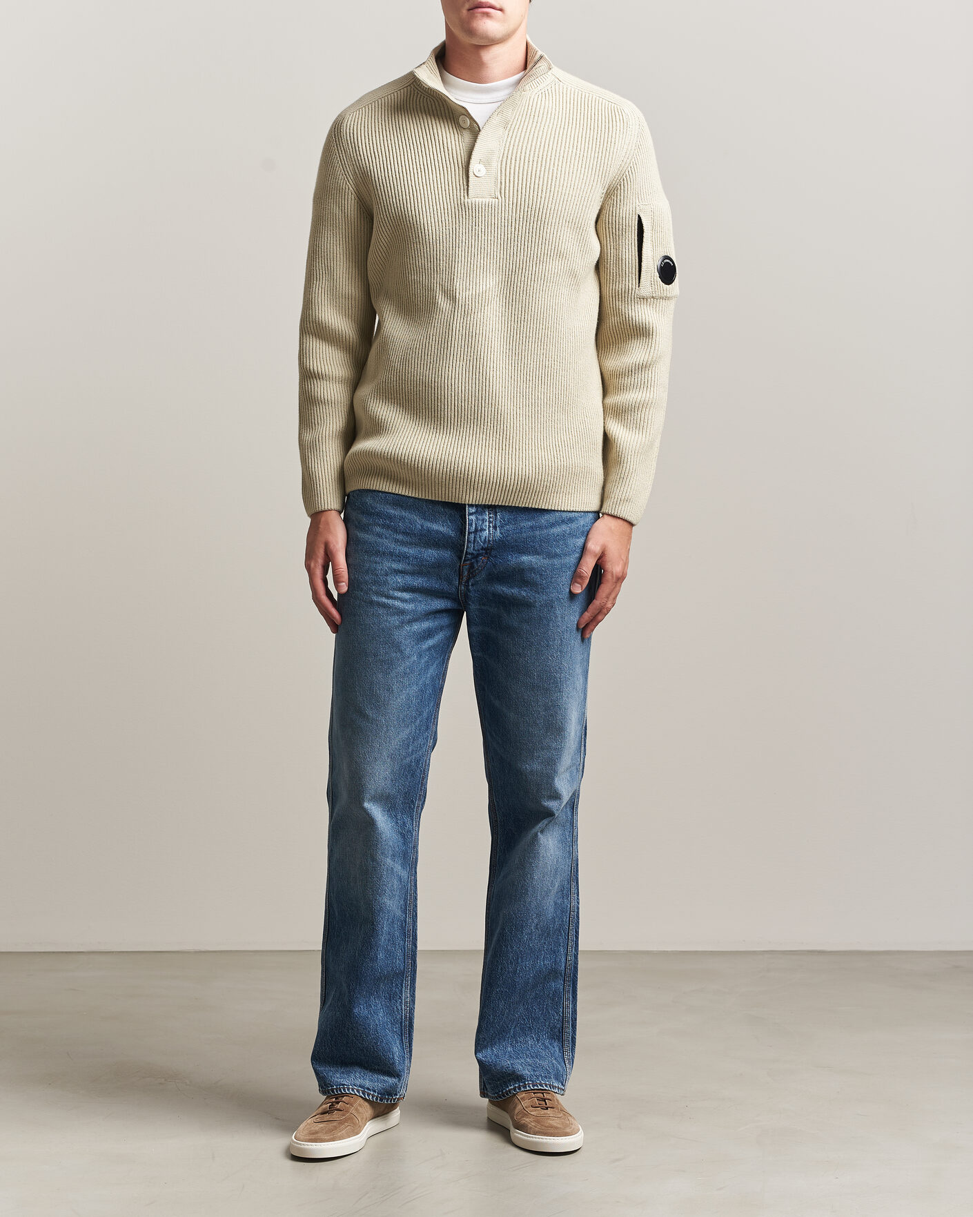 Hombres | Jerséis y prendas de punto | C.P. Company | Full Rib Knitted Cotton Half Button Light Grey