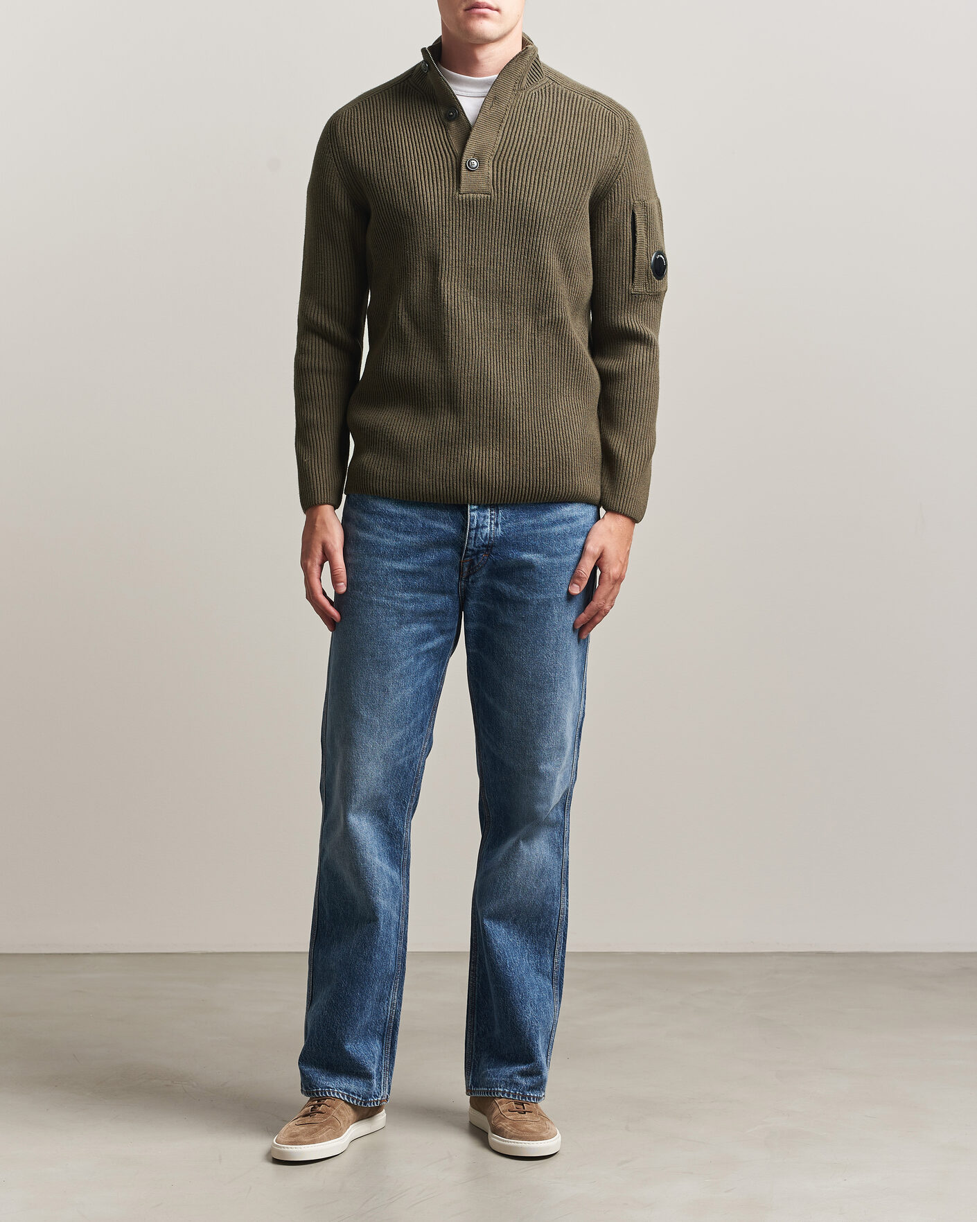 Hombres | Jerséis y prendas de punto | C.P. Company | Full Rib Knitted Cotton Half Button Dark Green