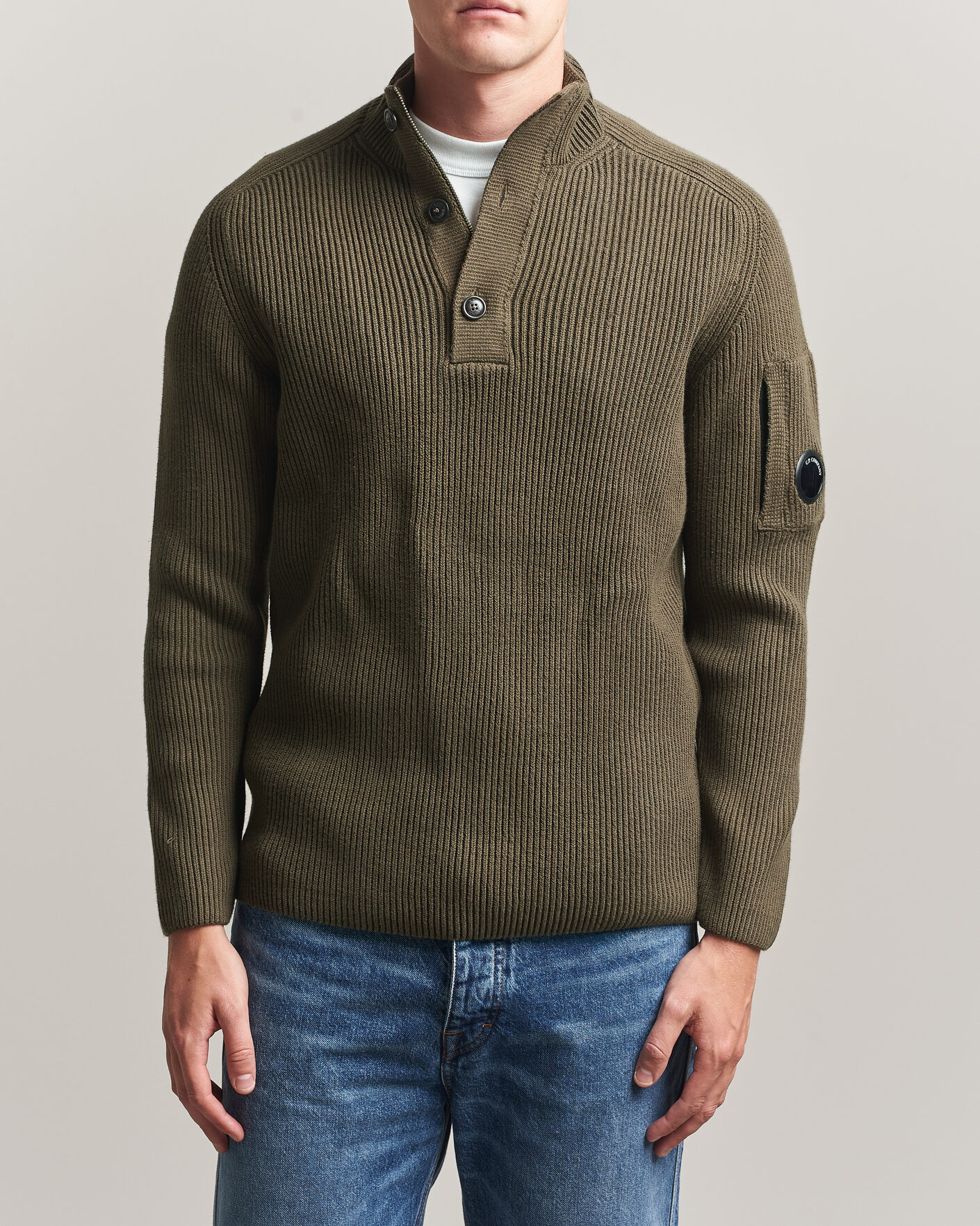 Hombres | Jerséis y prendas de punto | C.P. Company | Full Rib Knitted Cotton Half Button Dark Green