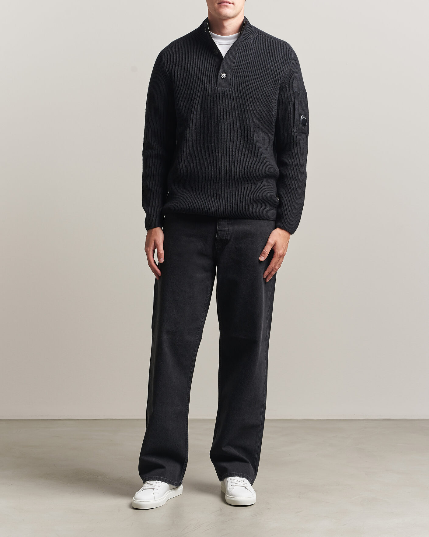 Hombres | Jerséis y prendas de punto | C.P. Company | Full Rib Knitted Cotton Half Button Black