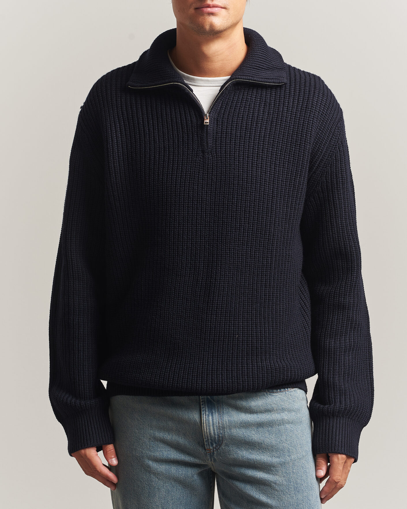 Hombres | Jerséis y prendas de punto | A.P.C. | Daniel Wool Rib Knitted Half Zip Dark Navy