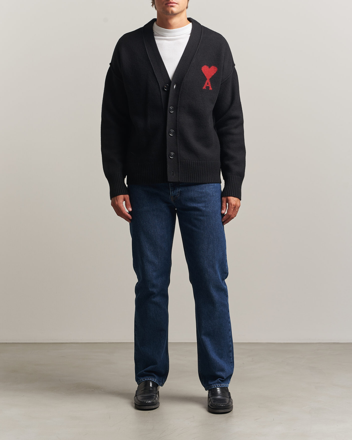 Hombres | Jerséis y prendas de punto | AMI | Big Heart Logo Wool Knitted Cardigan Black