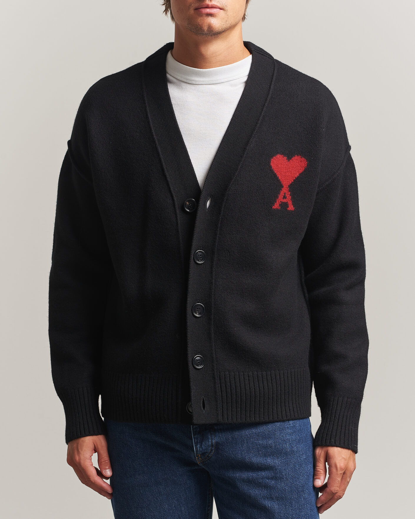 Hombres | Jerséis y prendas de punto | AMI | Big Heart Logo Wool Knitted Cardigan Black