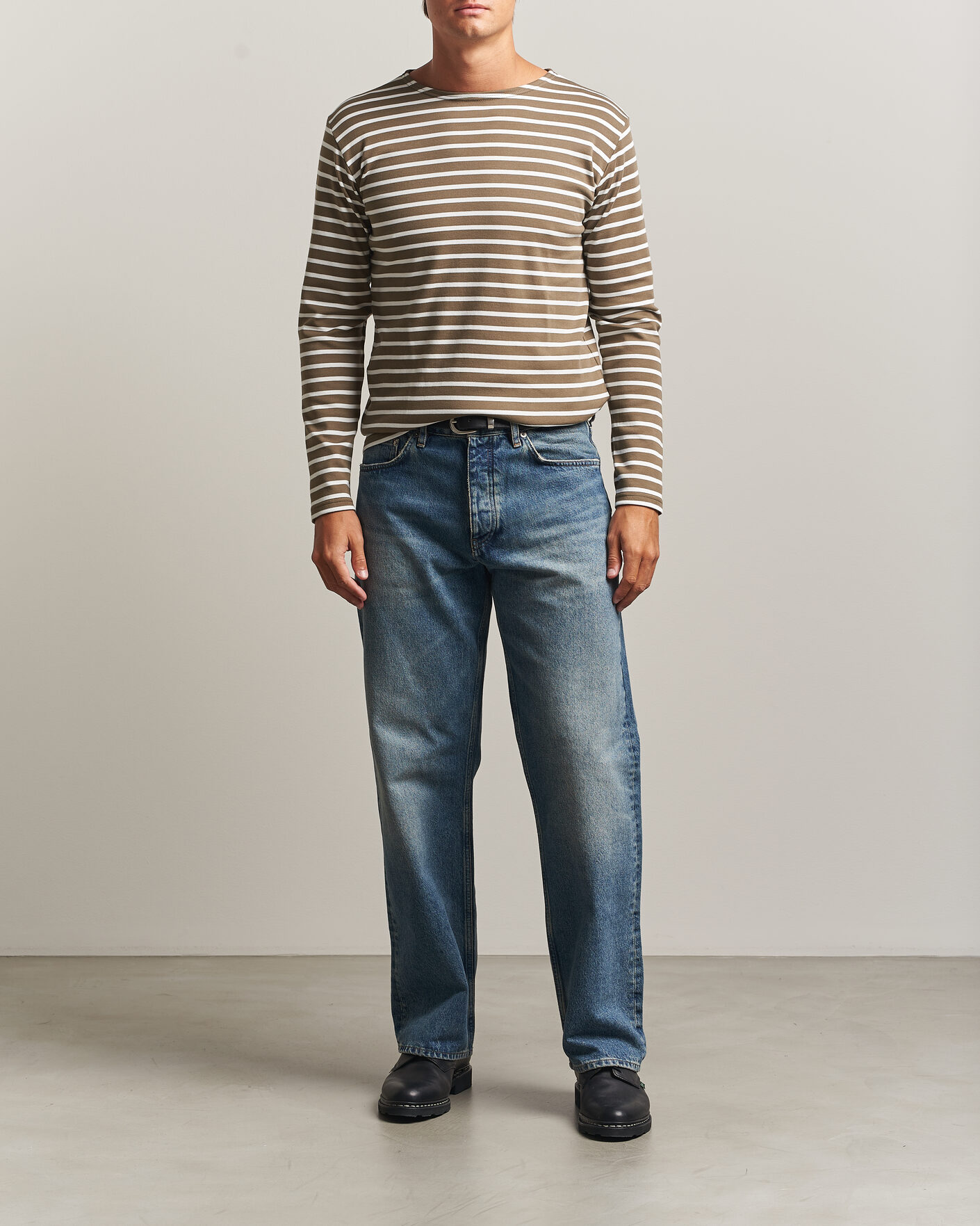 Hombres | Camisetas | Armor-lux | Houat Héritage Stripe Long Sleeve T-Shirt Olive/Milk