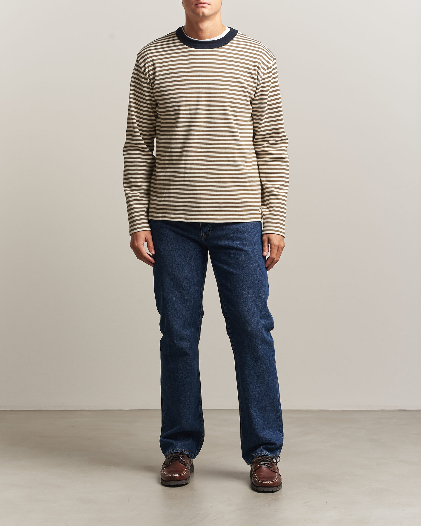 Hombres | Camisetas | Armor-lux | Héritage Striped Long Sleeve T-Shirt Olive/Milk