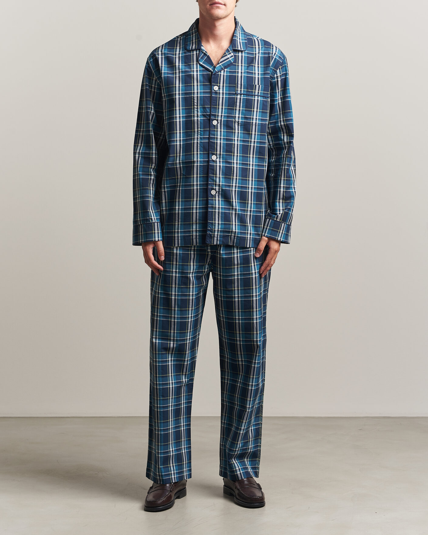 Hombres | Pijamas y batas | Derek Rose | Piped Checked Cotton Pyjama Set Navy