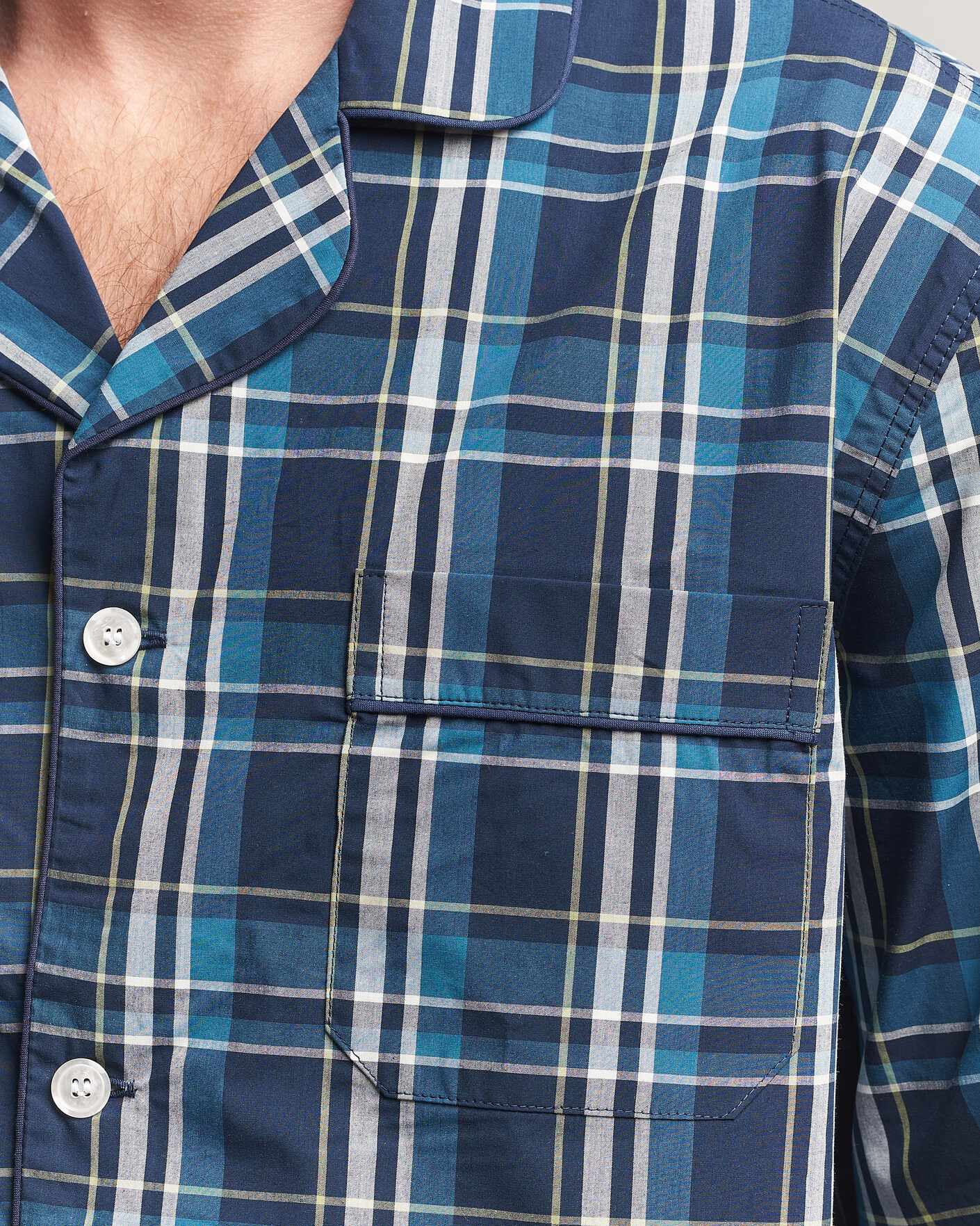 Hombres | Pijamas y batas | Derek Rose | Piped Checked Cotton Pyjama Set Navy