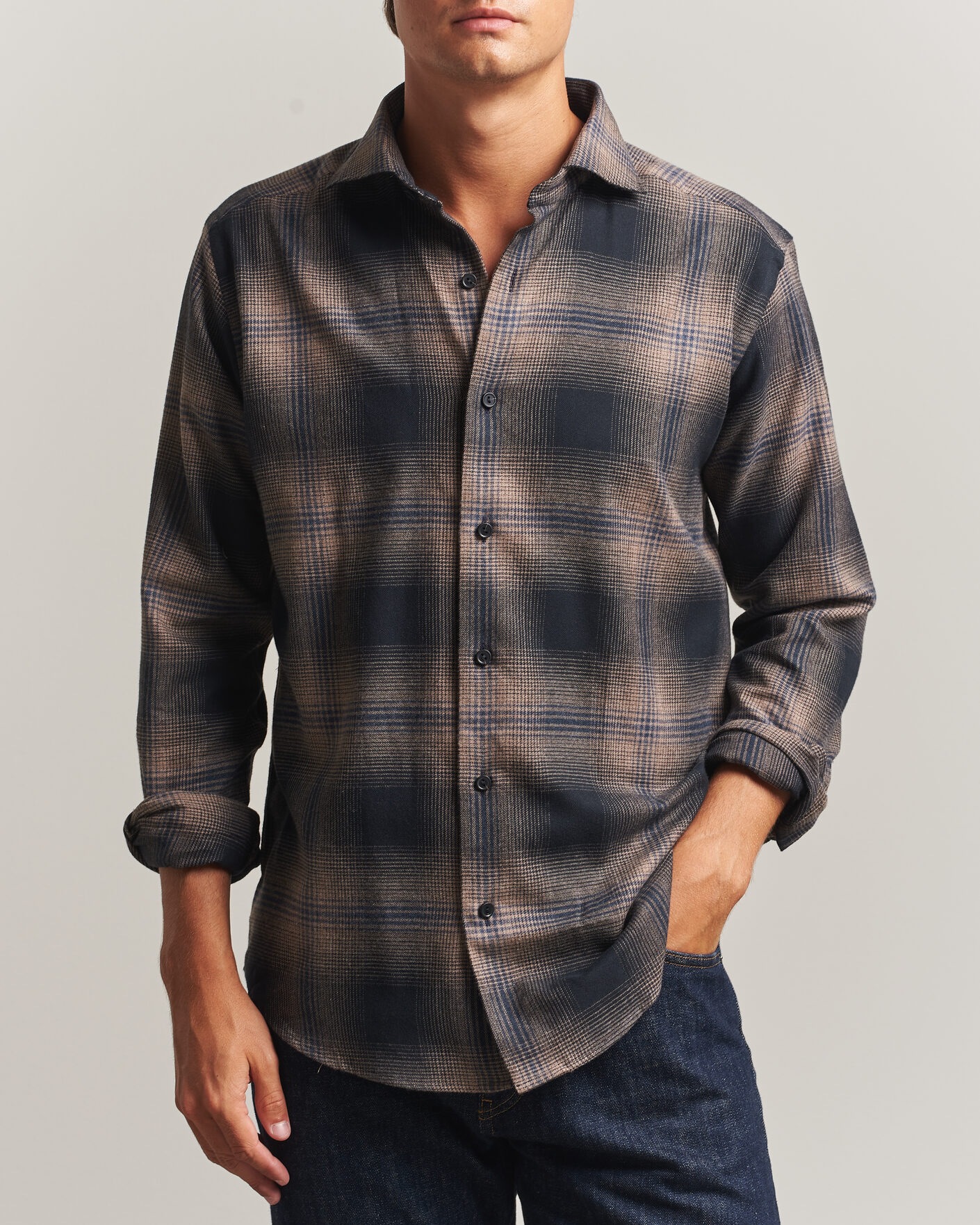 Hombres | Camisas | Eton | Casual Fit Checked Flannel Shirt Navy Blue