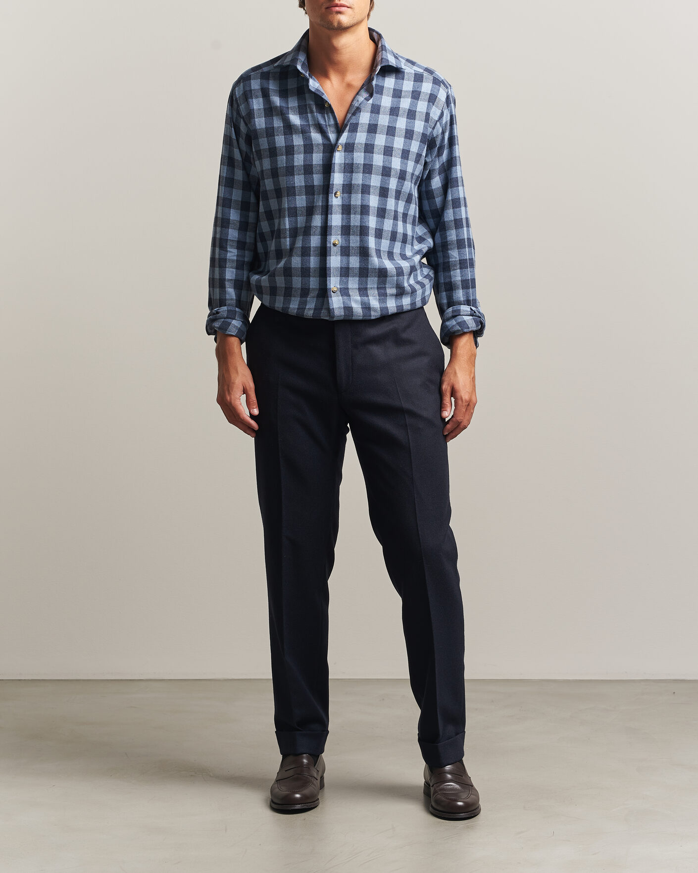 Hombres | Camisas | Eton | Casual Fit Checked Flannel Shirt Mid Blue