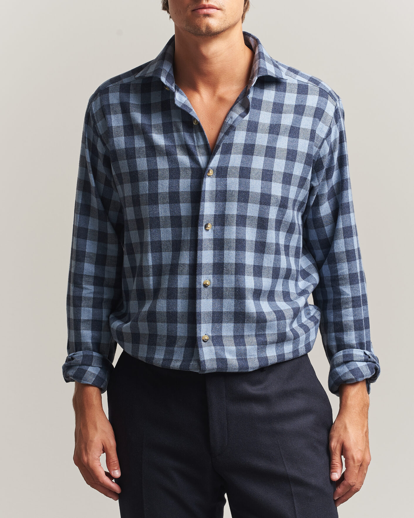 Hombres | Camisas | Eton | Casual Fit Checked Flannel Shirt Mid Blue