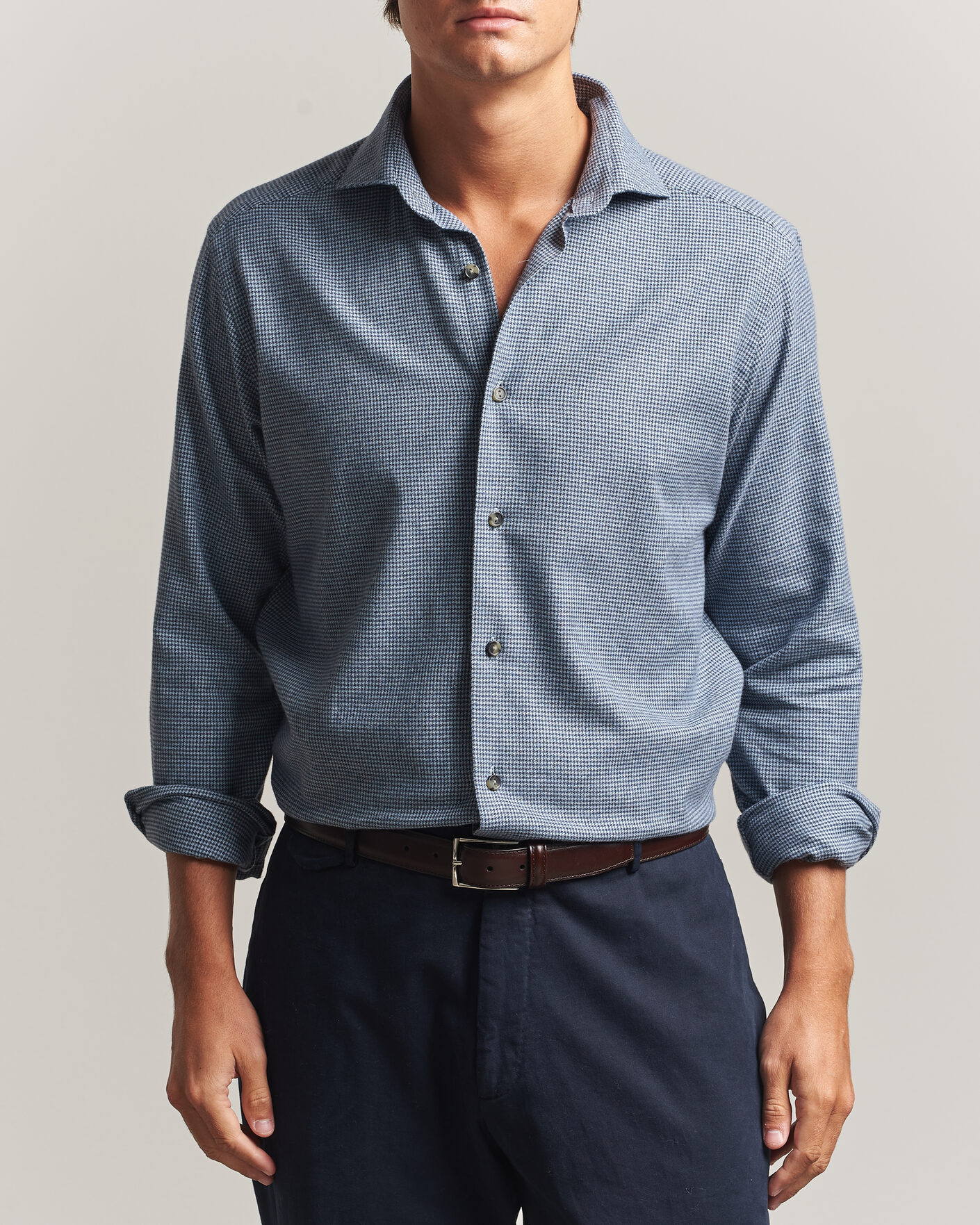 Hombres | Camisas | Eton | Casual Fit Houndstooth Flannel Shirt Mid Blue