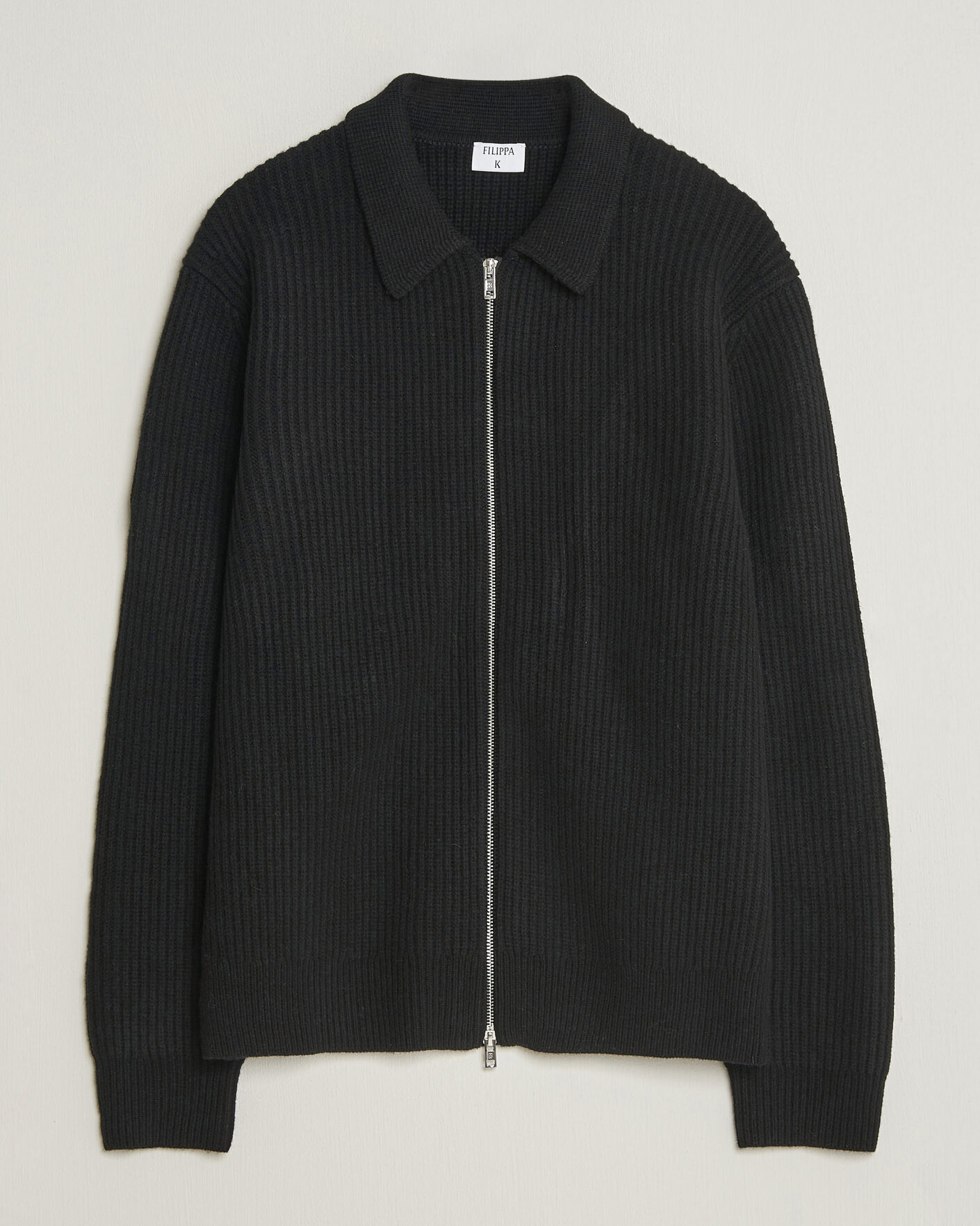 Hombres | Jerséis y prendas de punto | Filippa K | Ribbed Wool Knitted Full Zip Black