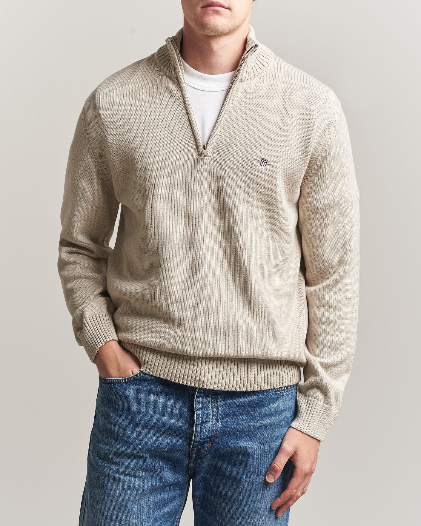 Hombres | Jerséis y prendas de punto | Gant | Casual Cotton Knitted Half Zip Clay Beige