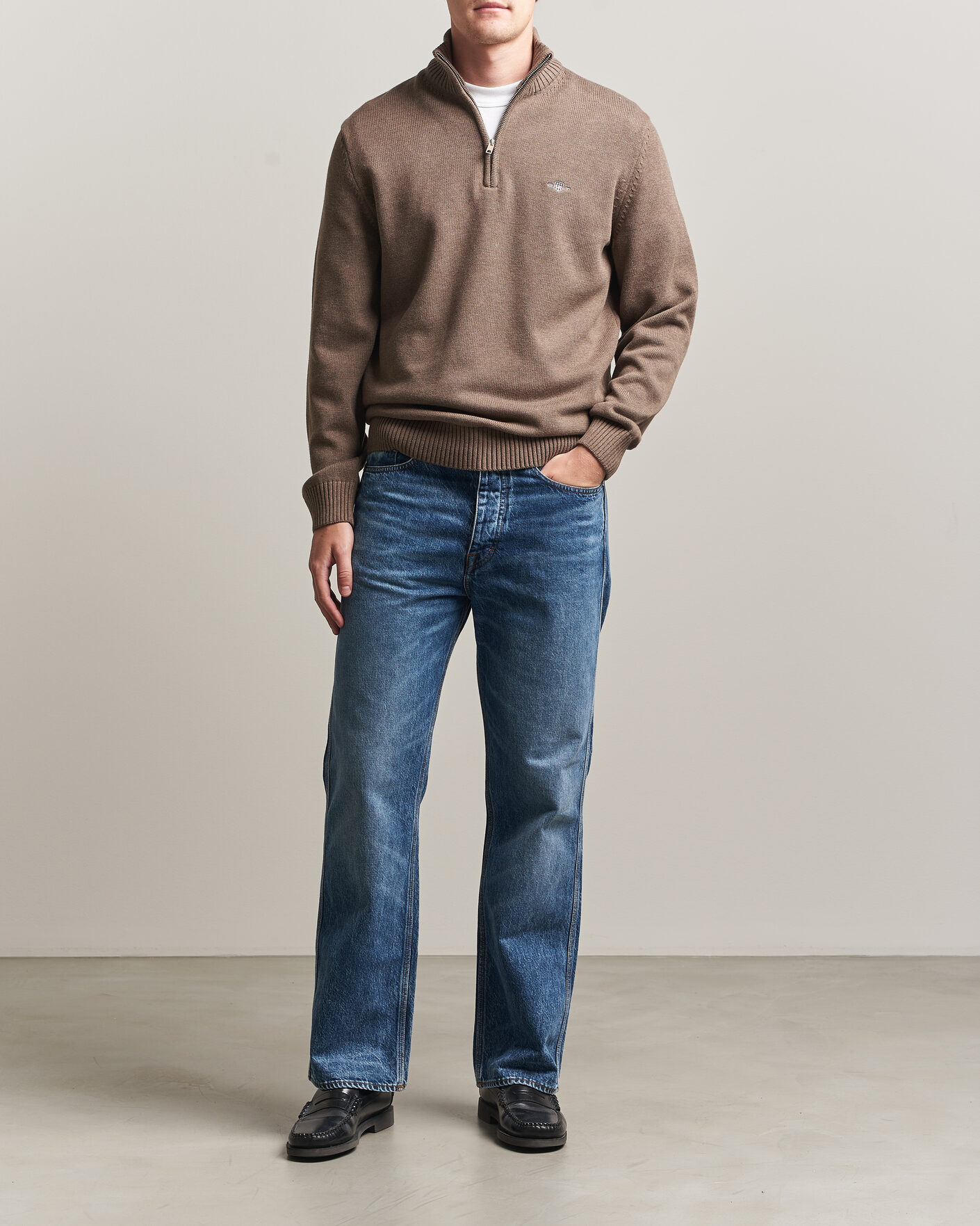 Hombres | Jerséis y prendas de punto | Gant | Casual Cotton Knitted Half Zip Dark Hazelnut Melange