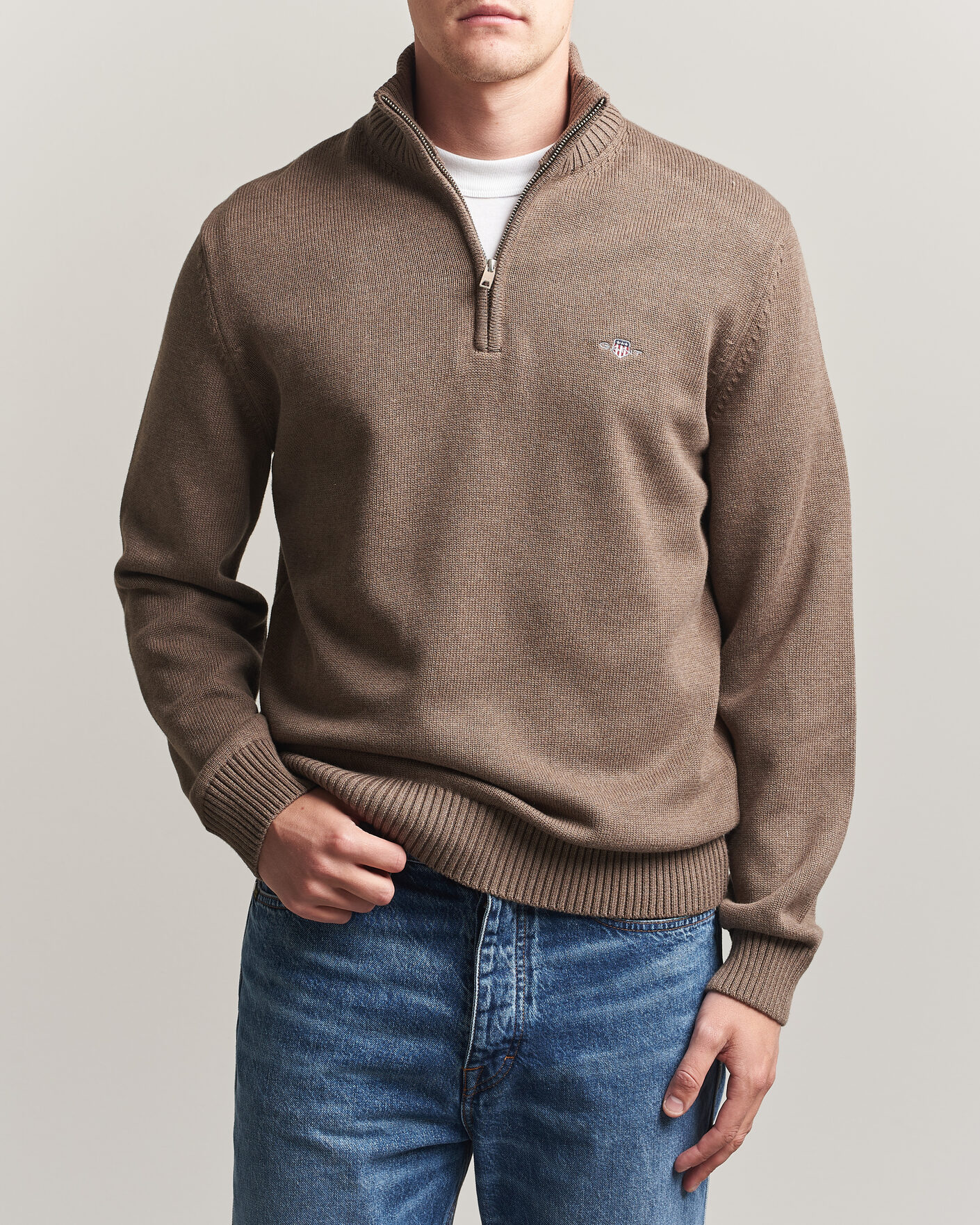 Hombres | Jerséis y prendas de punto | Gant | Casual Cotton Knitted Half Zip Dark Hazelnut Melange