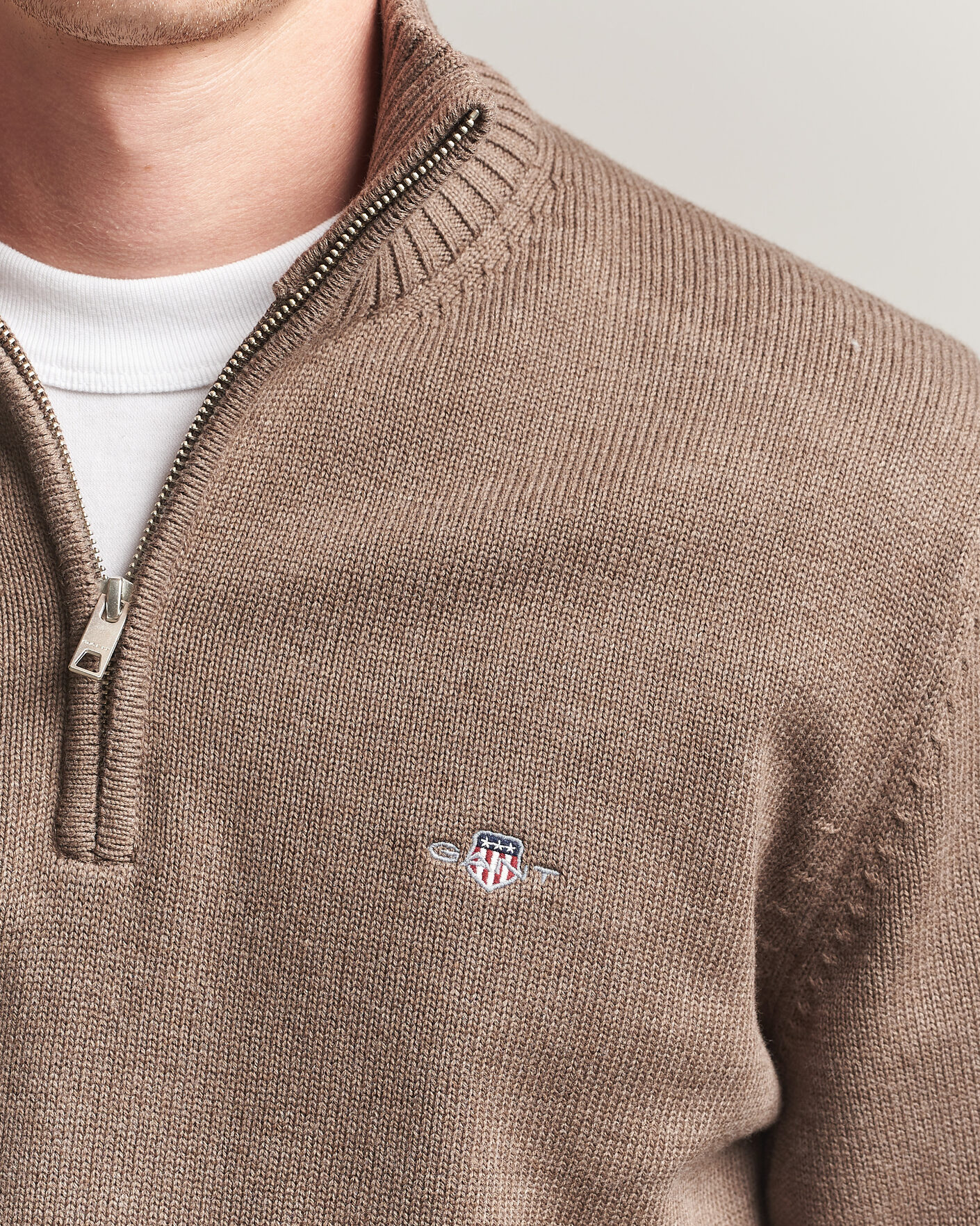 Hombres | Jerséis y prendas de punto | Gant | Casual Cotton Knitted Half Zip Dark Hazelnut Melange