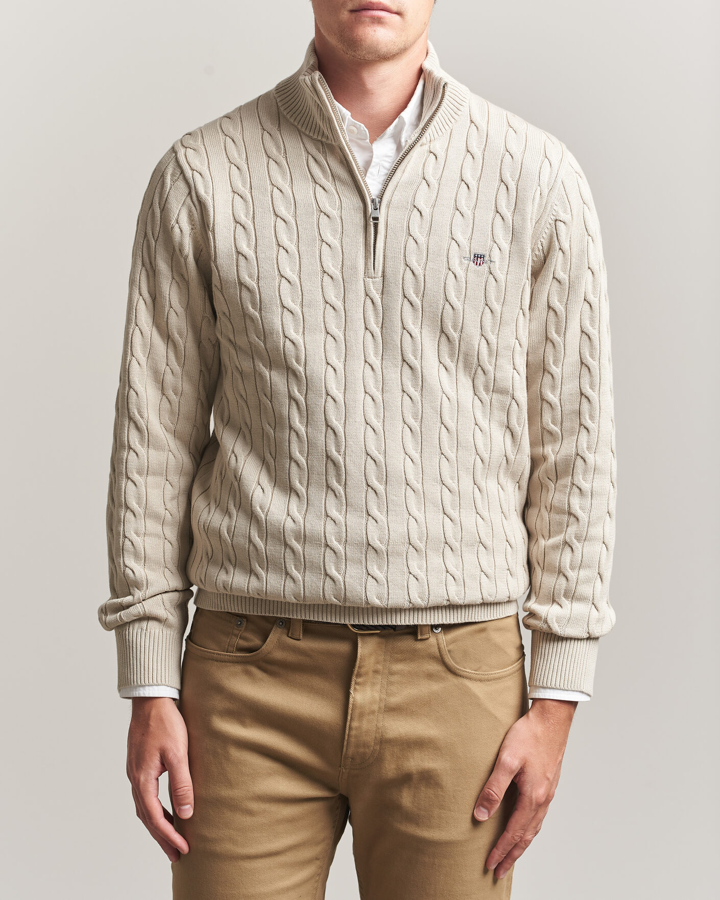 Hombres | Jerséis y prendas de punto | Gant | Cotton Cable Half Zip Clay Beige