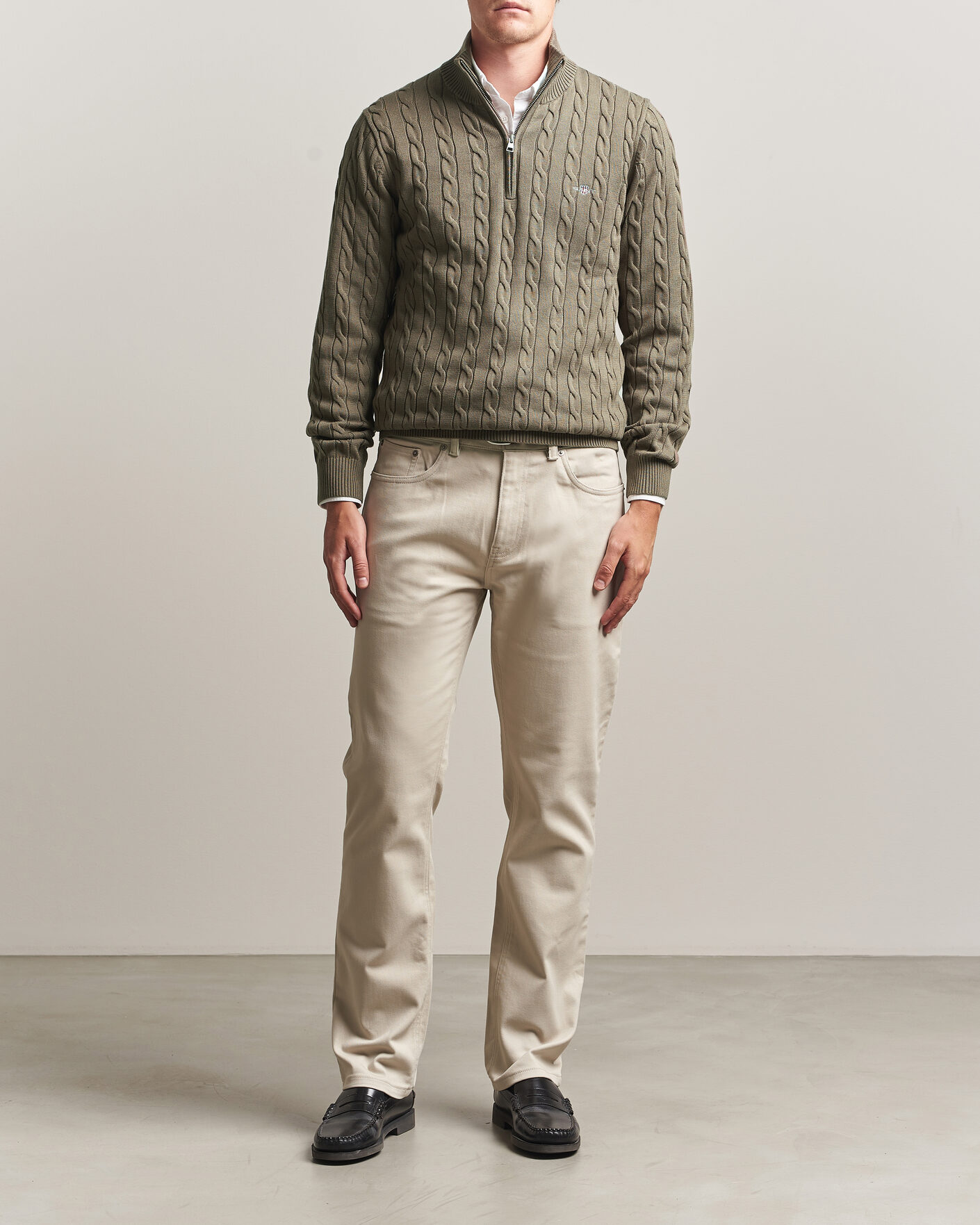 Hombres | Jerséis y prendas de punto | Gant | Cotton Cable Half Zip Faded Taupe
