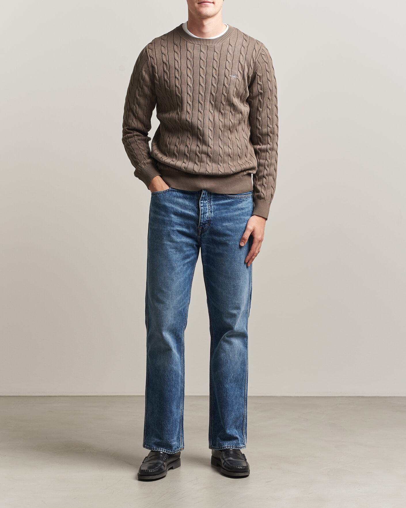Hombres | Jerséis y prendas de punto | Gant | Cotton Cable Crew Neck Faded Taupe