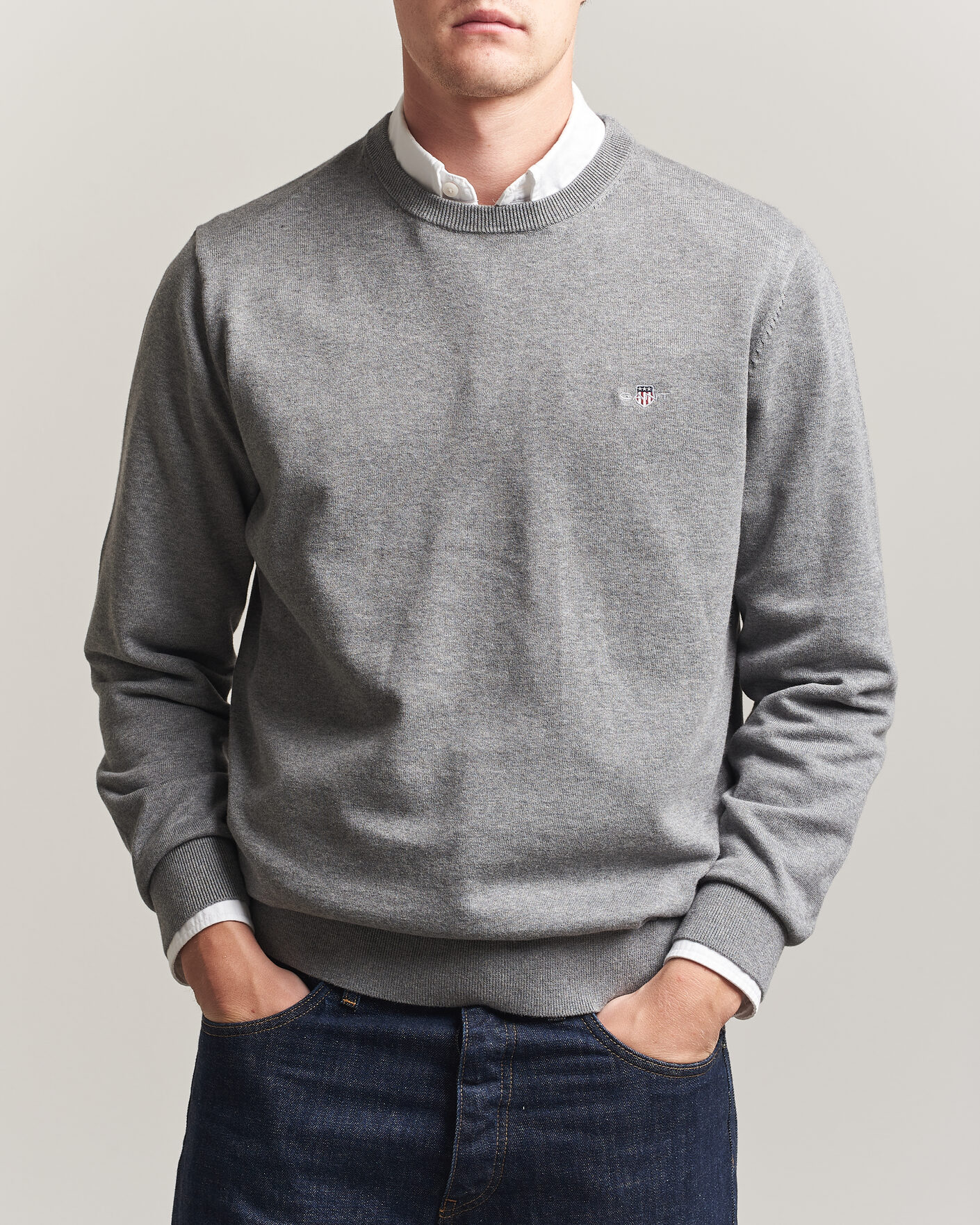 Hombres | Jerséis y prendas de punto | Gant | Classic Cotton Crew Neck Dark Grey Melange