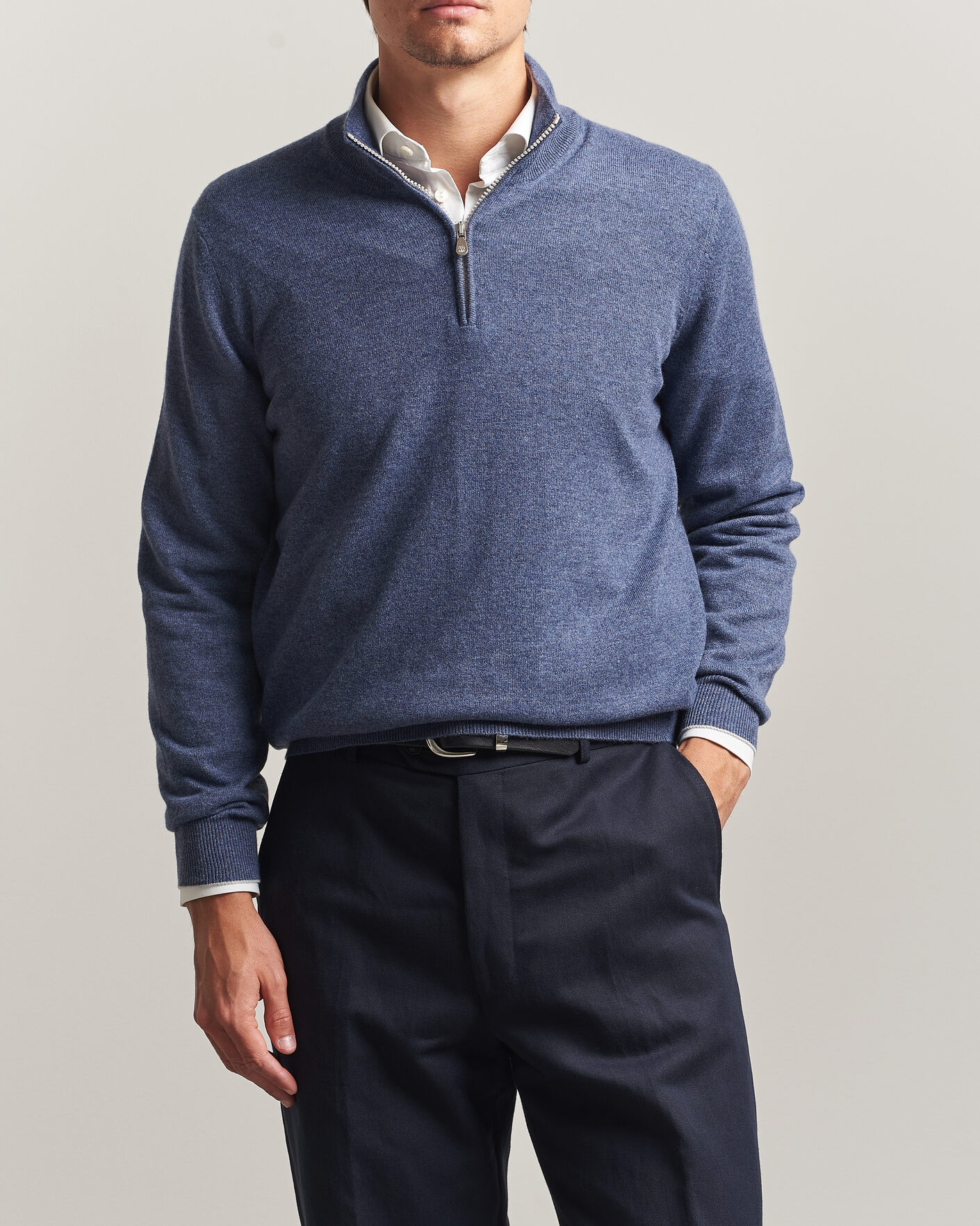 Hombres | Jerséis y prendas de punto | Brunello Cucinelli | 2 Ply Cashmere Half Zip Denim Blue