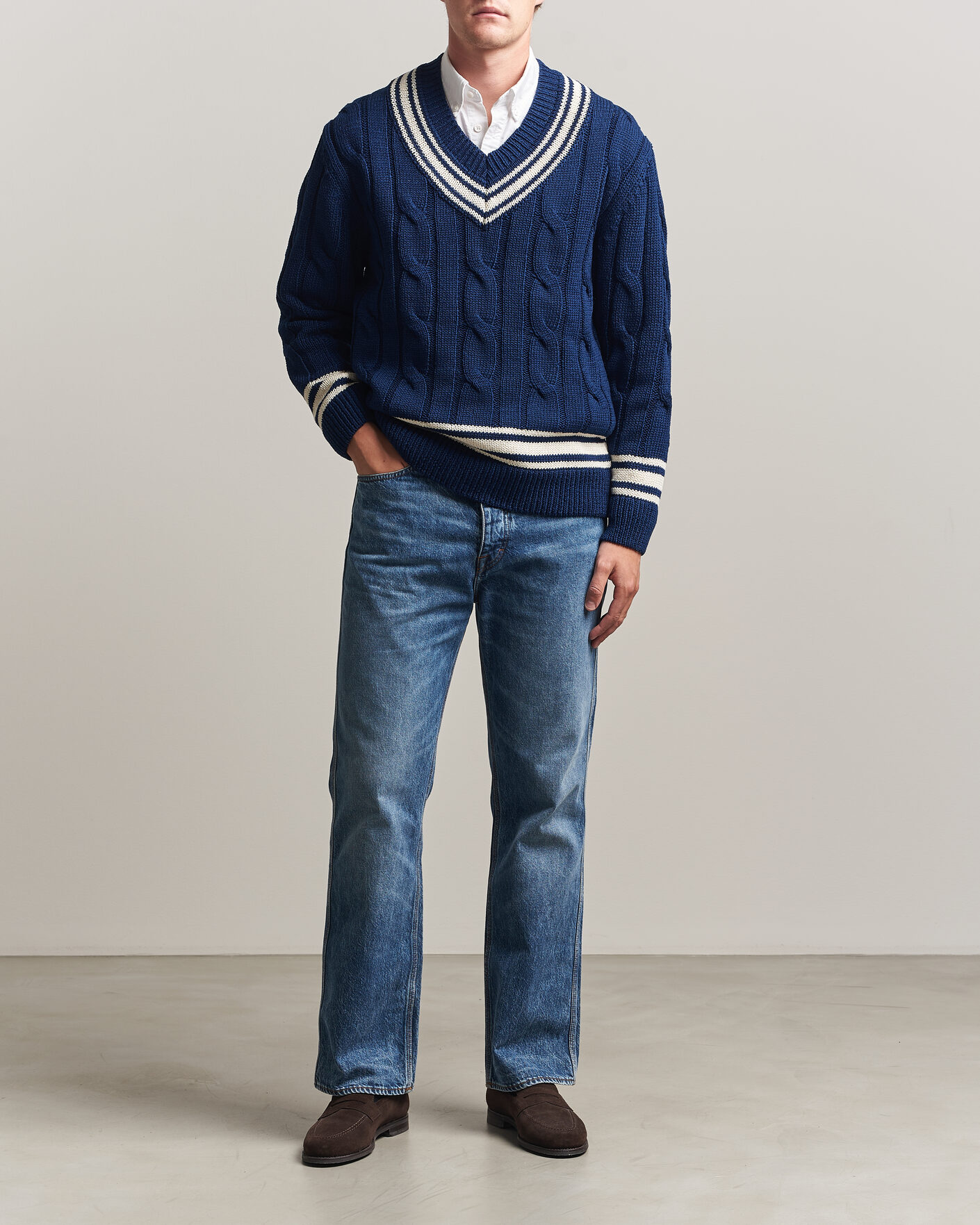 Hombres | Jerséis y prendas de punto | Gant | Mercerized Cotton Knitted Cable V-Neck Persian Blue
