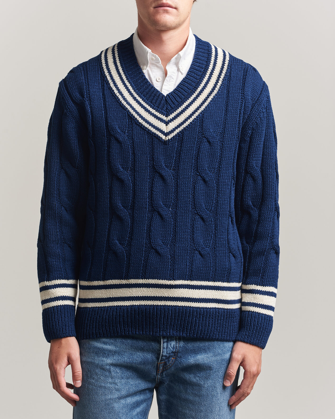 Hombres | Jerséis y prendas de punto | Gant | Mercerized Cotton Knitted Cable V-Neck Persian Blue