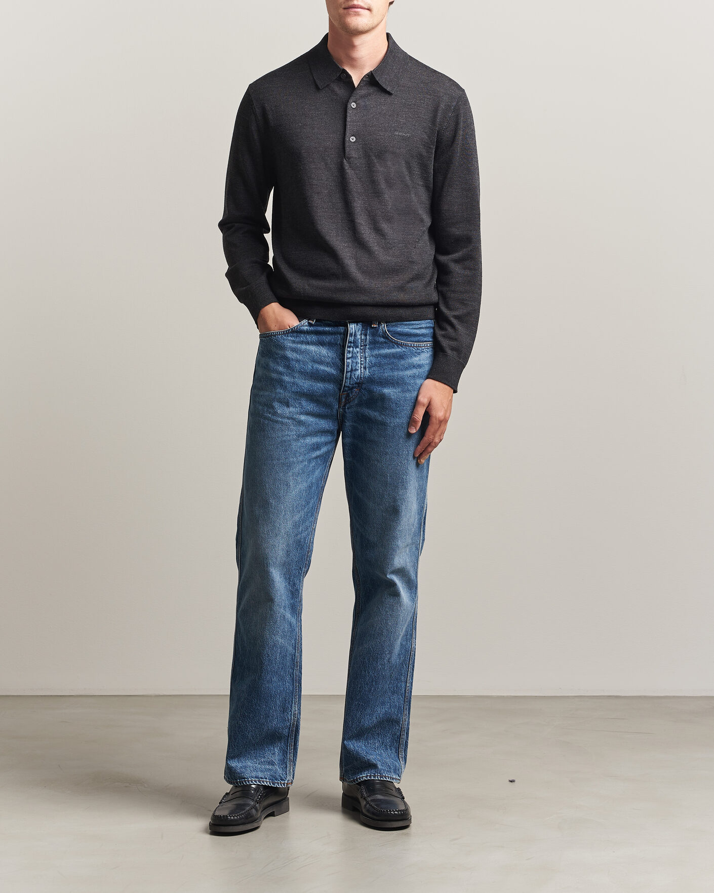 Hombres | Jerséis y prendas de punto | Gant | Extrafine Merino Knitted Polo Dark Charcoal Melange