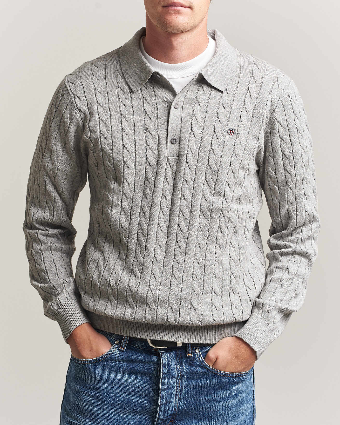 Hombres | Jerséis y prendas de punto | Gant | Cotton Cable Polo Grey Melange