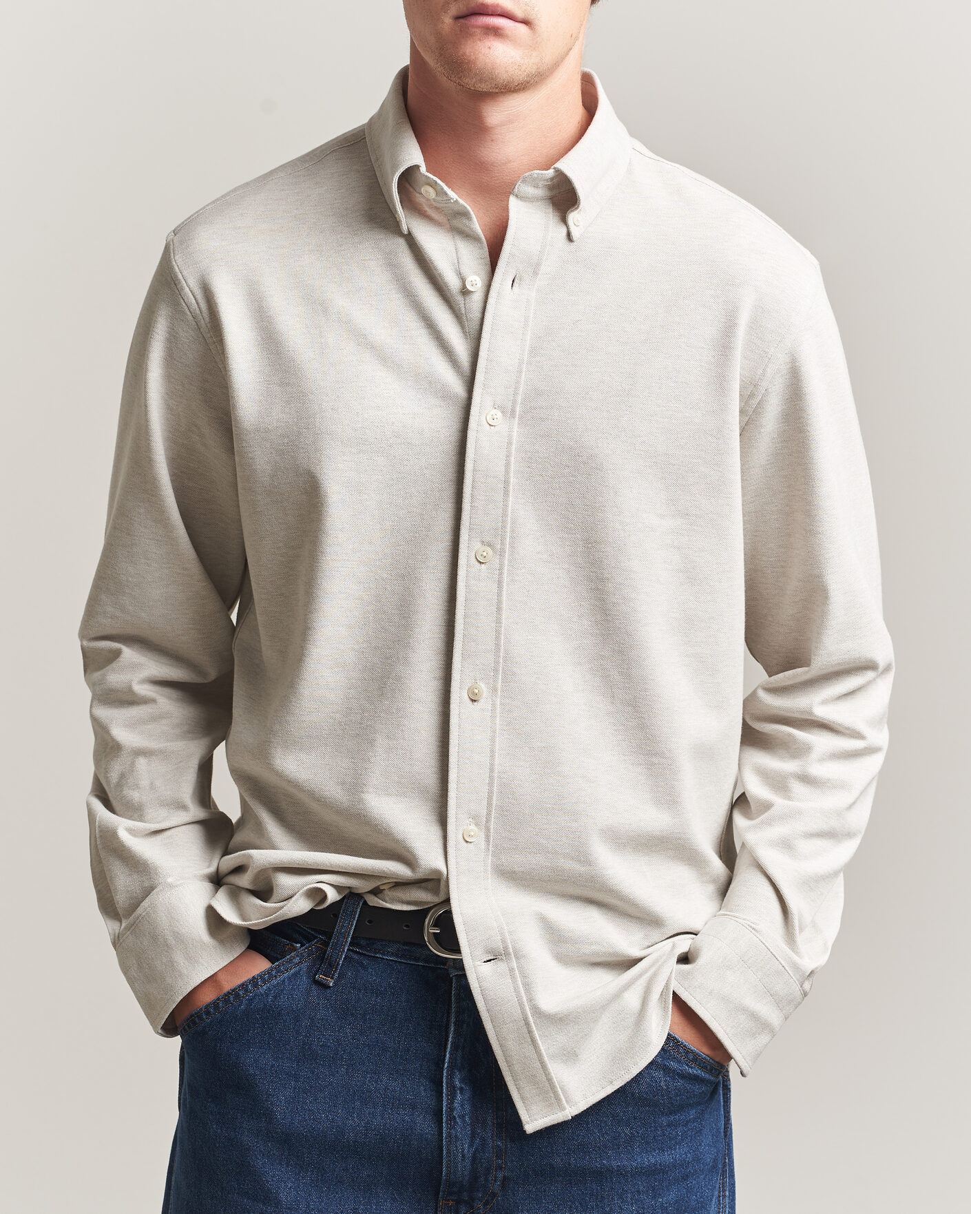 Hombres | Camisas | Gant | Regular Fit Jersey Pique Shirt Light Beige Melange