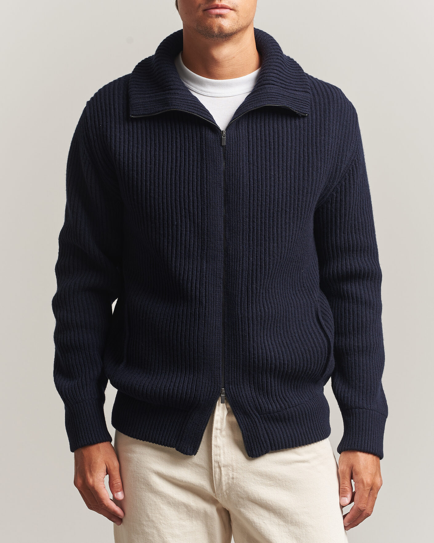 Hombres | Jerséis y prendas de punto | Altea | Rib Wool Bomber Cardigan Navy