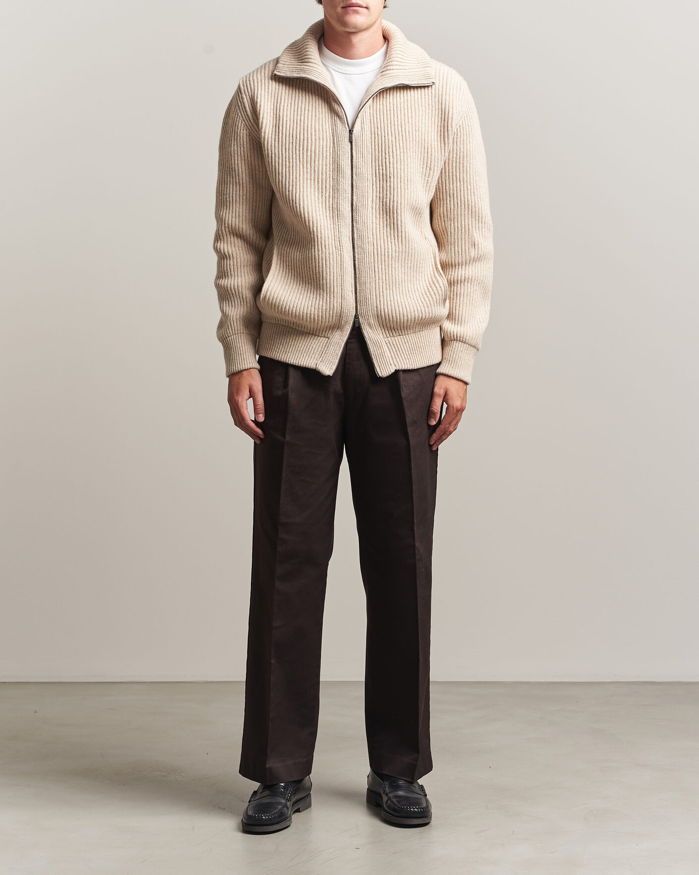Hombres | Jerséis y prendas de punto | Altea | Rib Wool Bomber Cardigan Beige