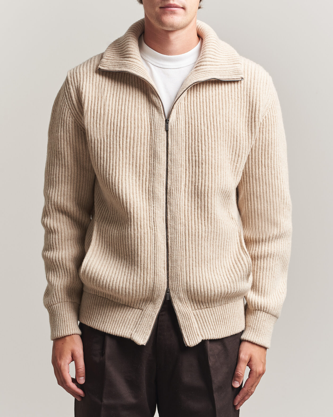 Hombres | Jerséis y prendas de punto | Altea | Rib Wool Bomber Cardigan Beige