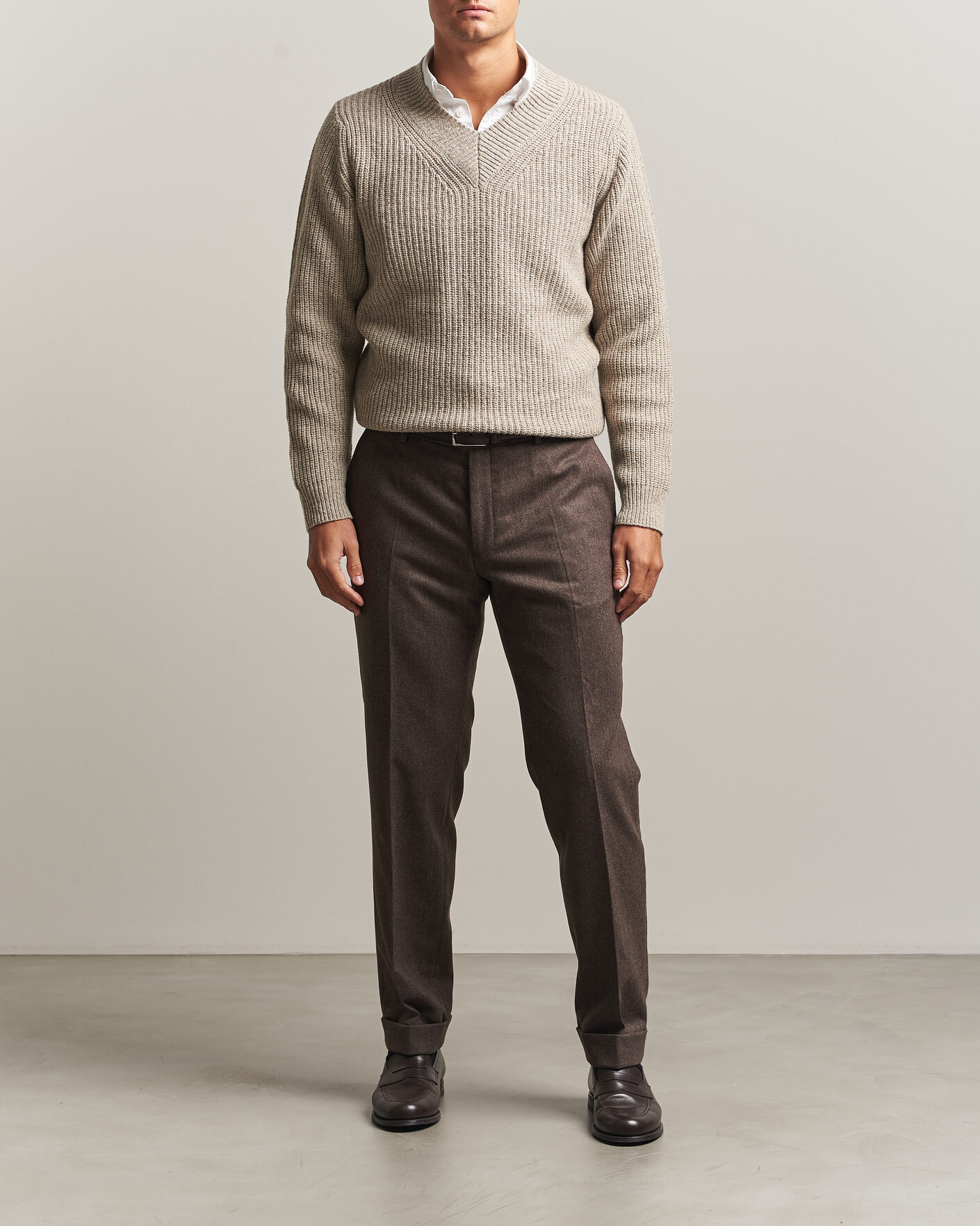 Hombres | Jerséis y prendas de punto | Morgano | Fisherman Ribb Donegal Knitted V-Neck Beige