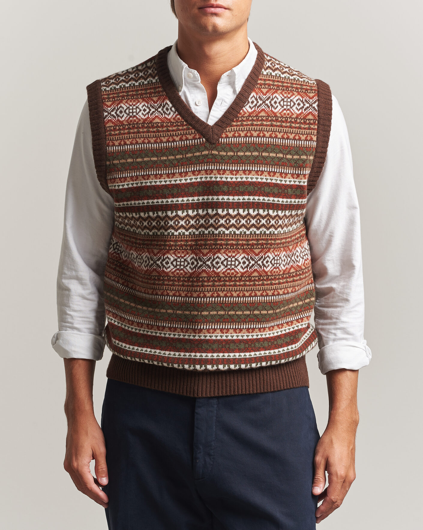 Hombres | Jerséis y prendas de punto | Morgano | Wool/Cashmere Fair Isle Knitted Vest Brown