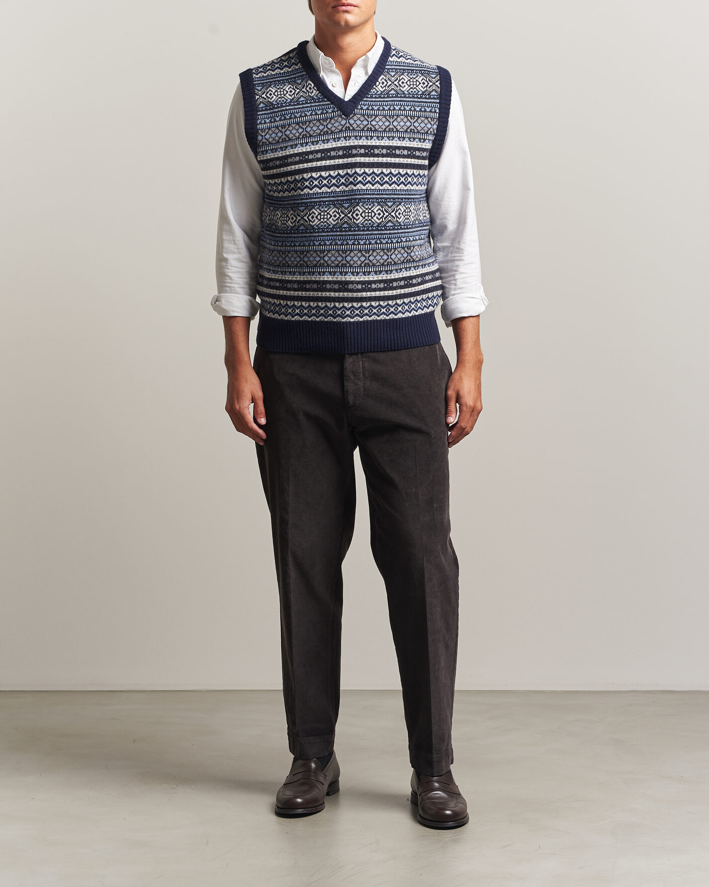 Hombres | Jerséis y prendas de punto | Morgano | Wool/Cashmere Fair Isle Knitted Vest Navy