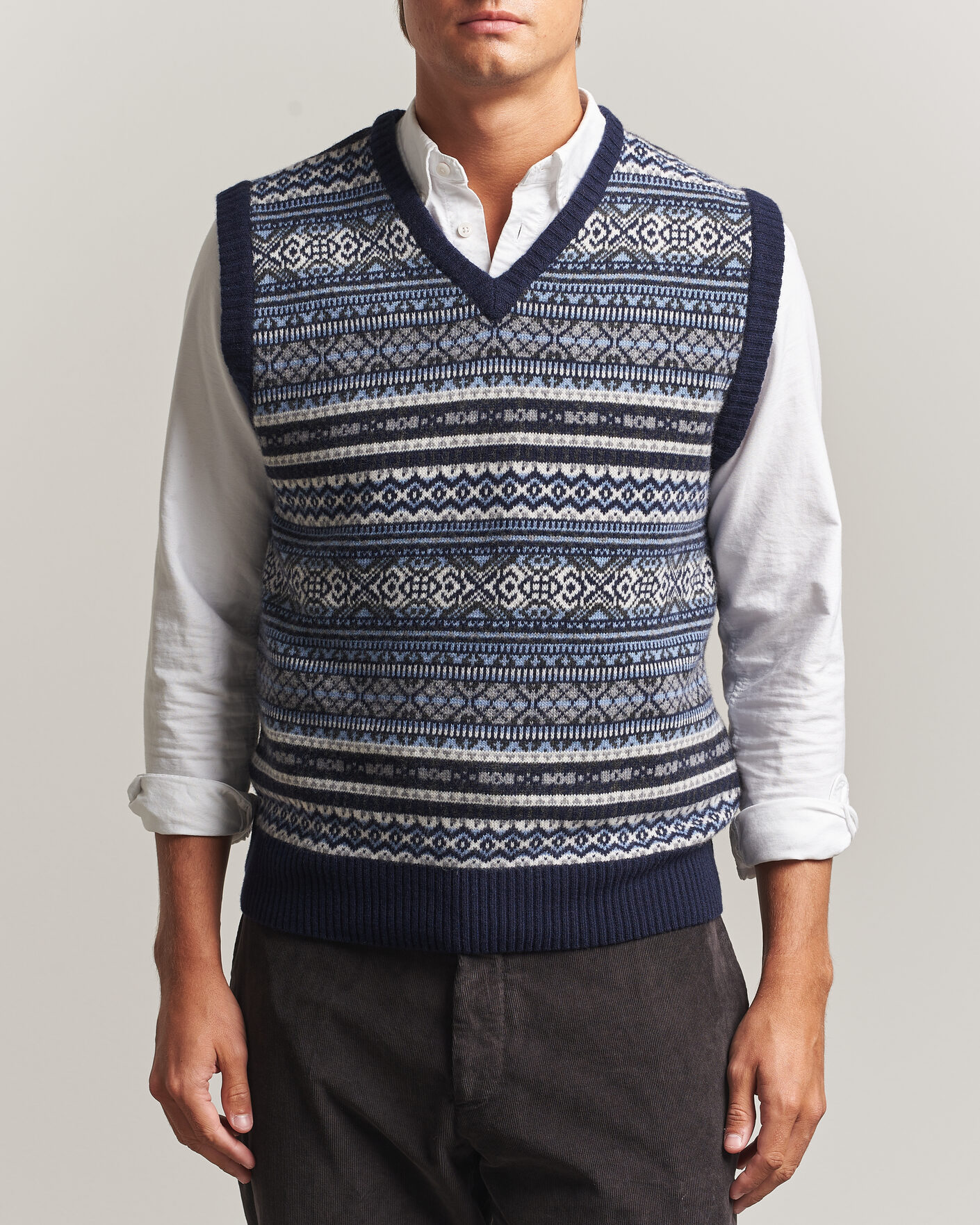Hombres | Jerséis y prendas de punto | Morgano | Wool/Cashmere Fair Isle Knitted Vest Navy