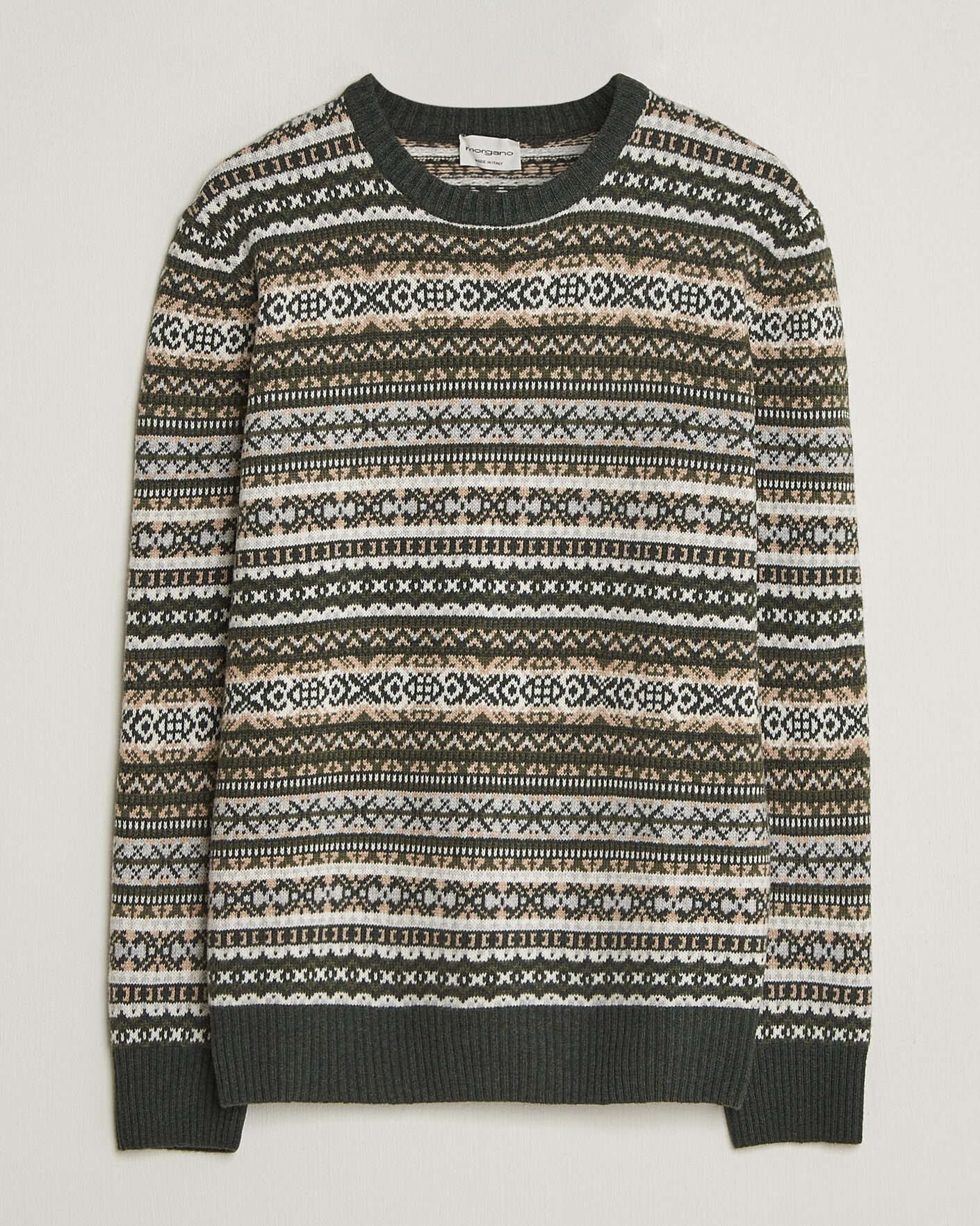 Hombres | Jerséis y prendas de punto | Morgano | Wool/Cashmere Fair Isle Knitted Crewneck Green