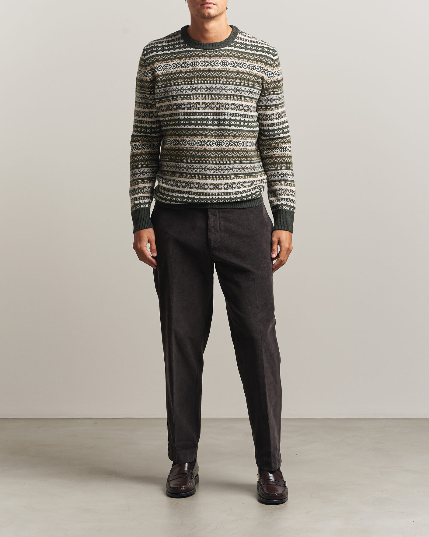 Hombres | Jerséis y prendas de punto | Morgano | Wool/Cashmere Fair Isle Knitted Crewneck Green