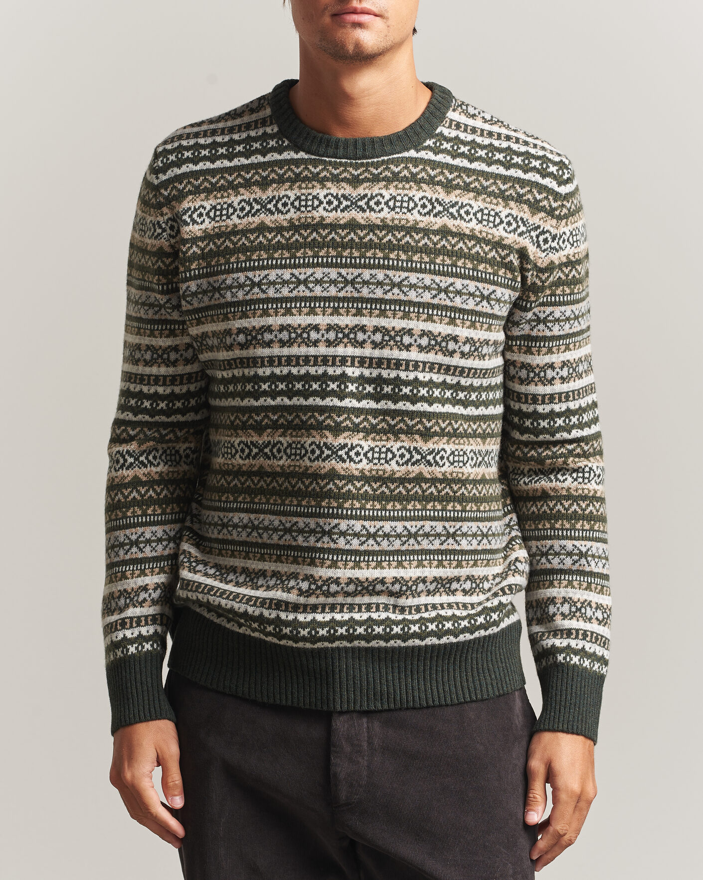 Hombres | Jerséis y prendas de punto | Morgano | Wool/Cashmere Fair Isle Knitted Crewneck Green