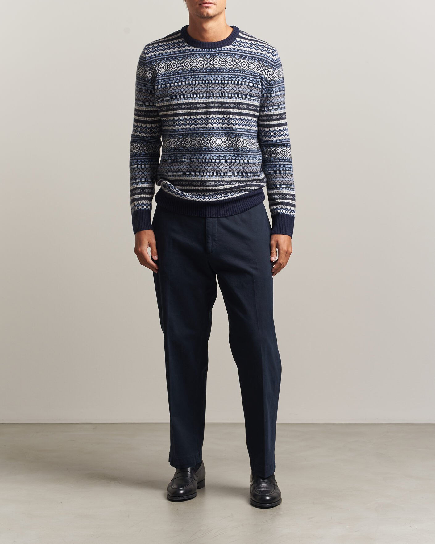 Hombres | Jerséis y prendas de punto | Morgano | Wool/Cashmere Fair Isle Knitted Crewneck Navy