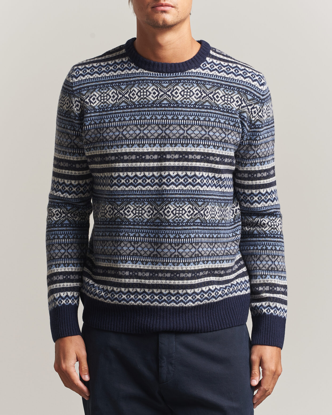 Hombres | Jerséis y prendas de punto | Morgano | Wool/Cashmere Fair Isle Knitted Crewneck Navy
