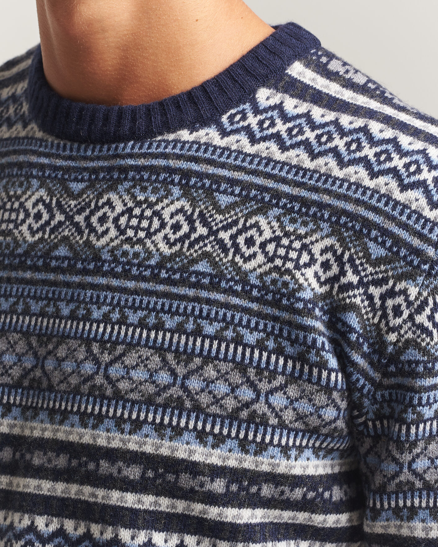 Hombres | Jerséis y prendas de punto | Morgano | Wool/Cashmere Fair Isle Knitted Crewneck Navy