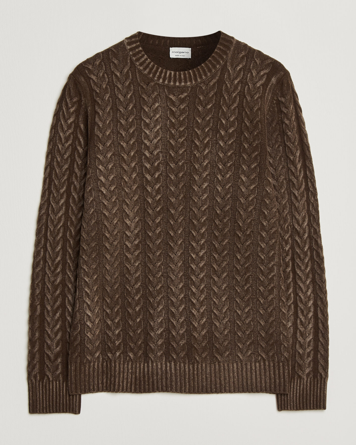 Hombres | Jerséis y prendas de punto | Morgano | Cable Knitted Brushed Dyed Wool Crew Brown