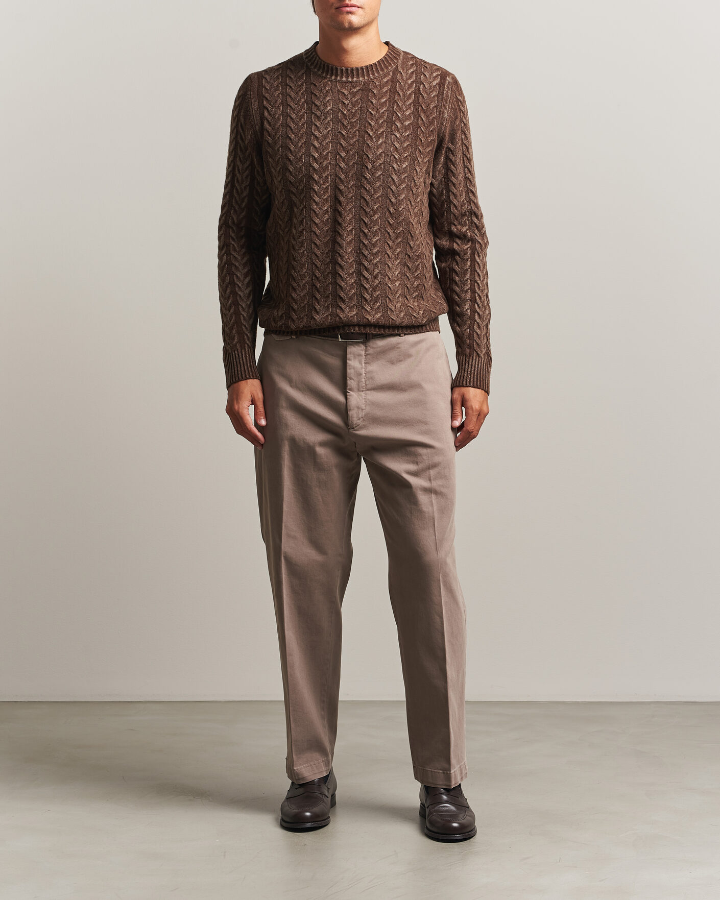 Hombres | Jerséis y prendas de punto | Morgano | Cable Knitted Brushed Dyed Wool Crew Brown